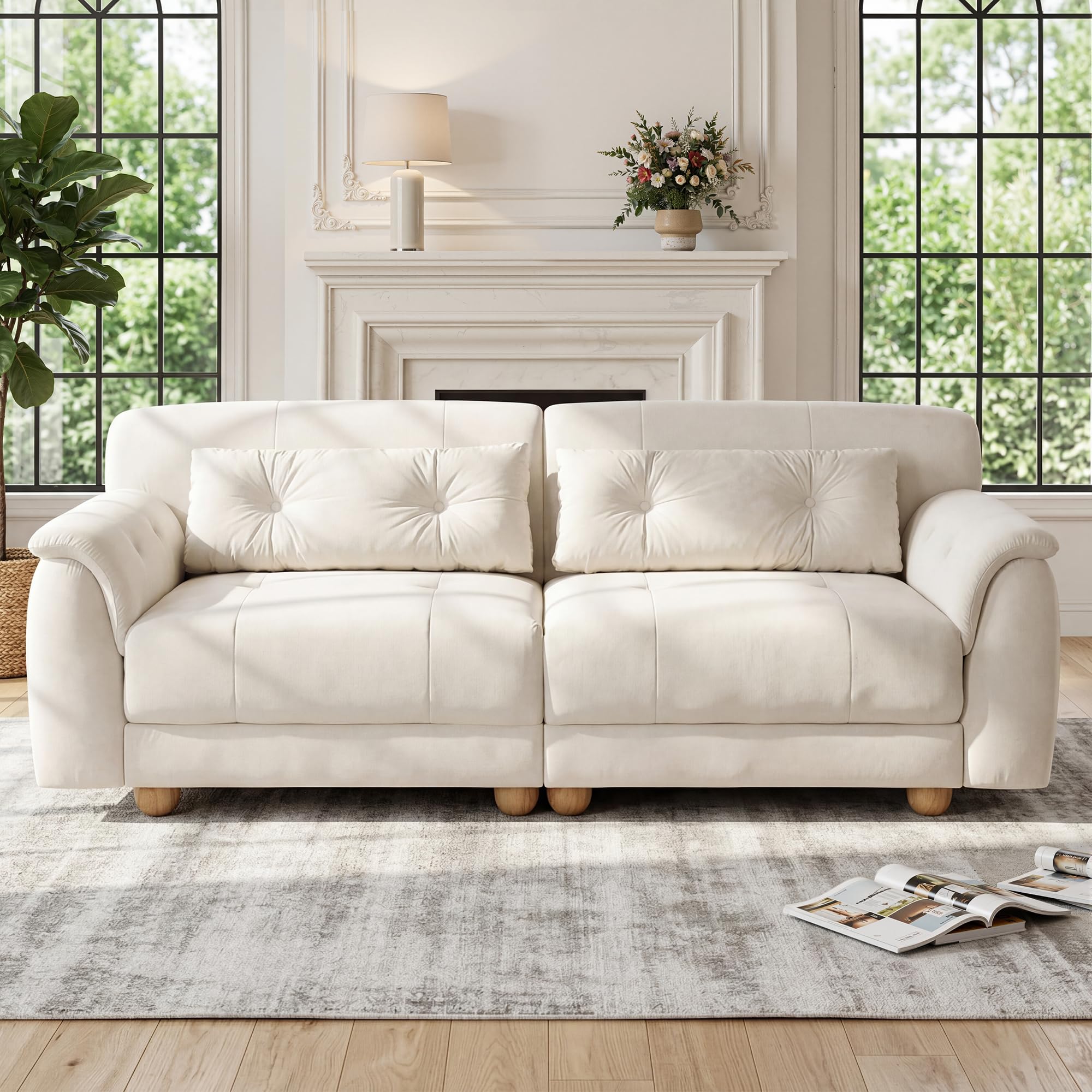 BonVache 2 Sitzer Sofa mit Knopfheftung, 3 Sitzer Samtsofa mit 2 Rückenkissen und kugelförmigen Massivholzbeinen, Bequemes Couch mit 54 cm Sitztiefe, Couch für Wohnzimmer, Weiß