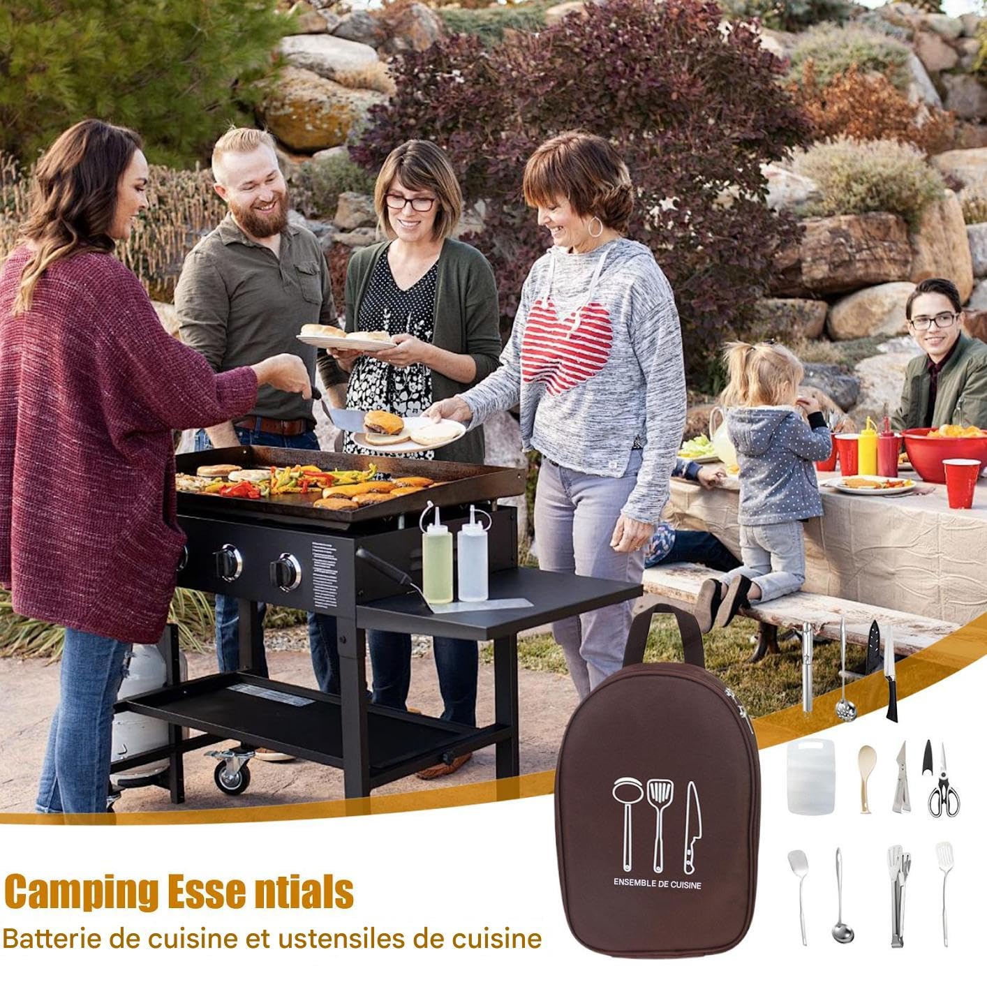 Générique Kit Ustensiles Camping 12 Pièces d'Équipement de Cuisine | avec Sac de Rangement Équipement Culinaire pour le Camping pour Camping-Car, Plein Air, BBQ, Pique-nique et Randonnée
