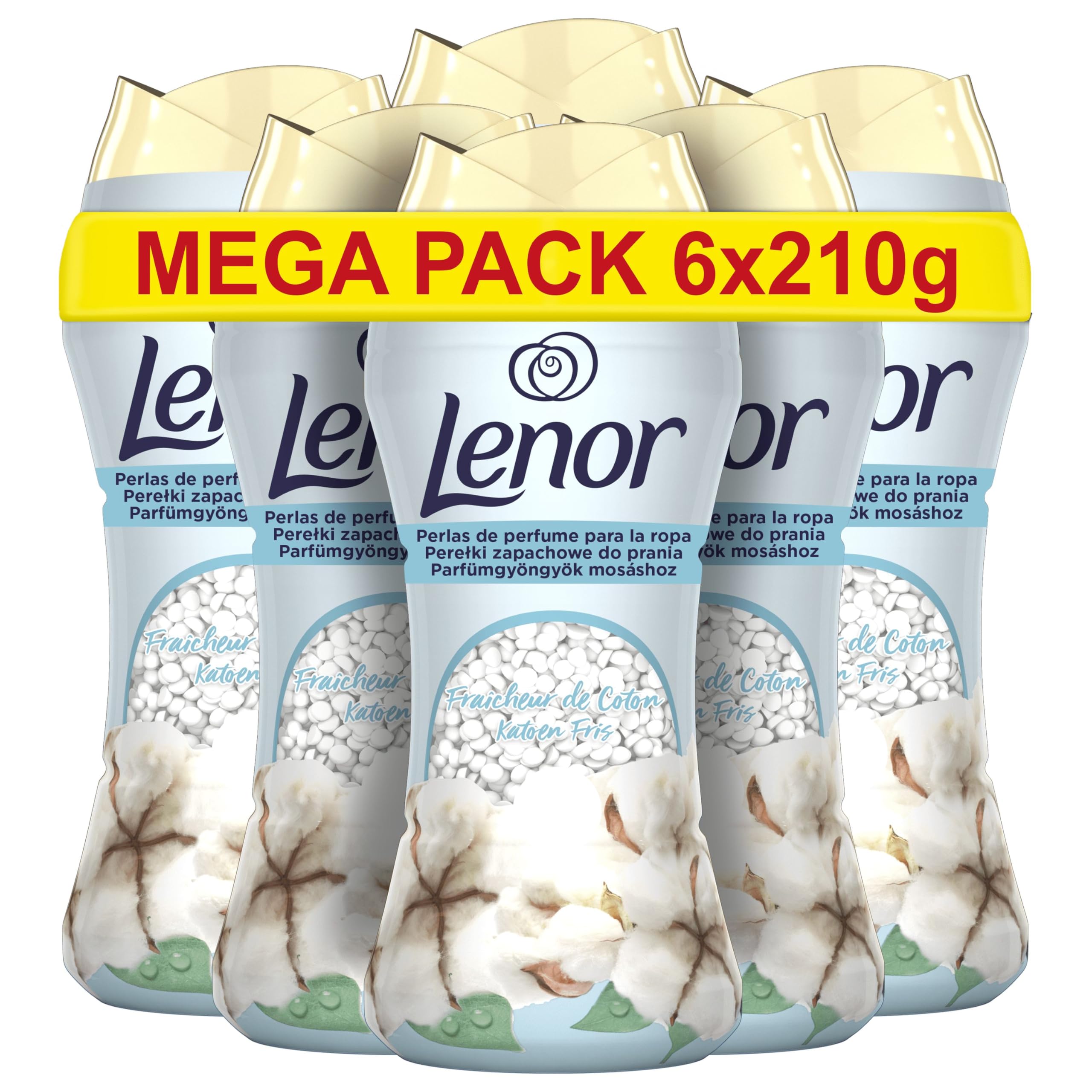 Lenor Perfumed Washing Machine Pearls, 93 Washes (6 x 210g), Fabric Softener Beads for Clothes with Fresh Cotton Fragrance, for Softer and Longer Lasting Freshness