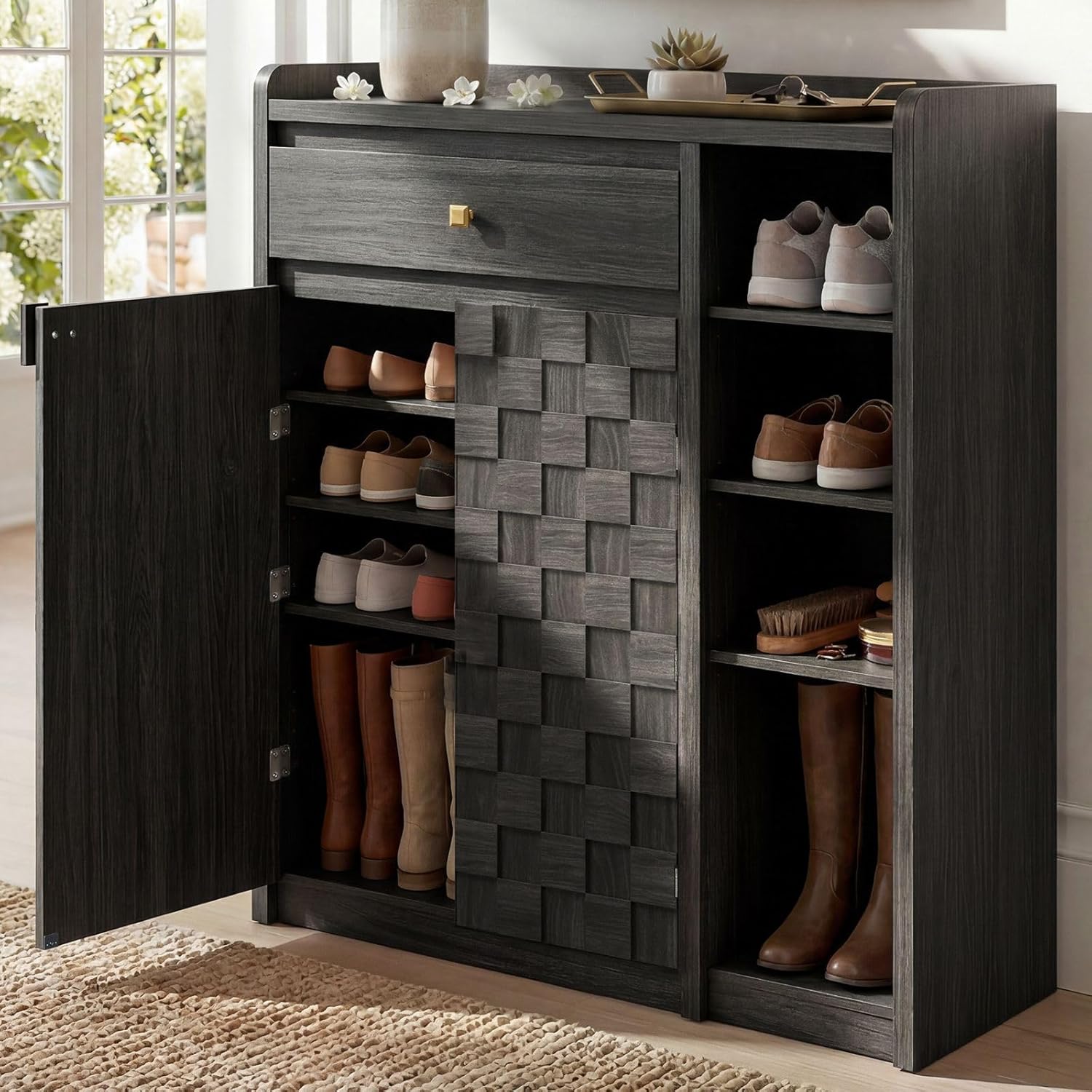 STO'SENSE Large Shoe Cabinet with Doors, 8-Tier Shoe Storage Cabinet with Drawer & 4 Side Cubbies & 5 Adjustable Shelves, 47" Tall Shoe Rack Organizer Cabinet for Entryway, Hallway (Black Oak)