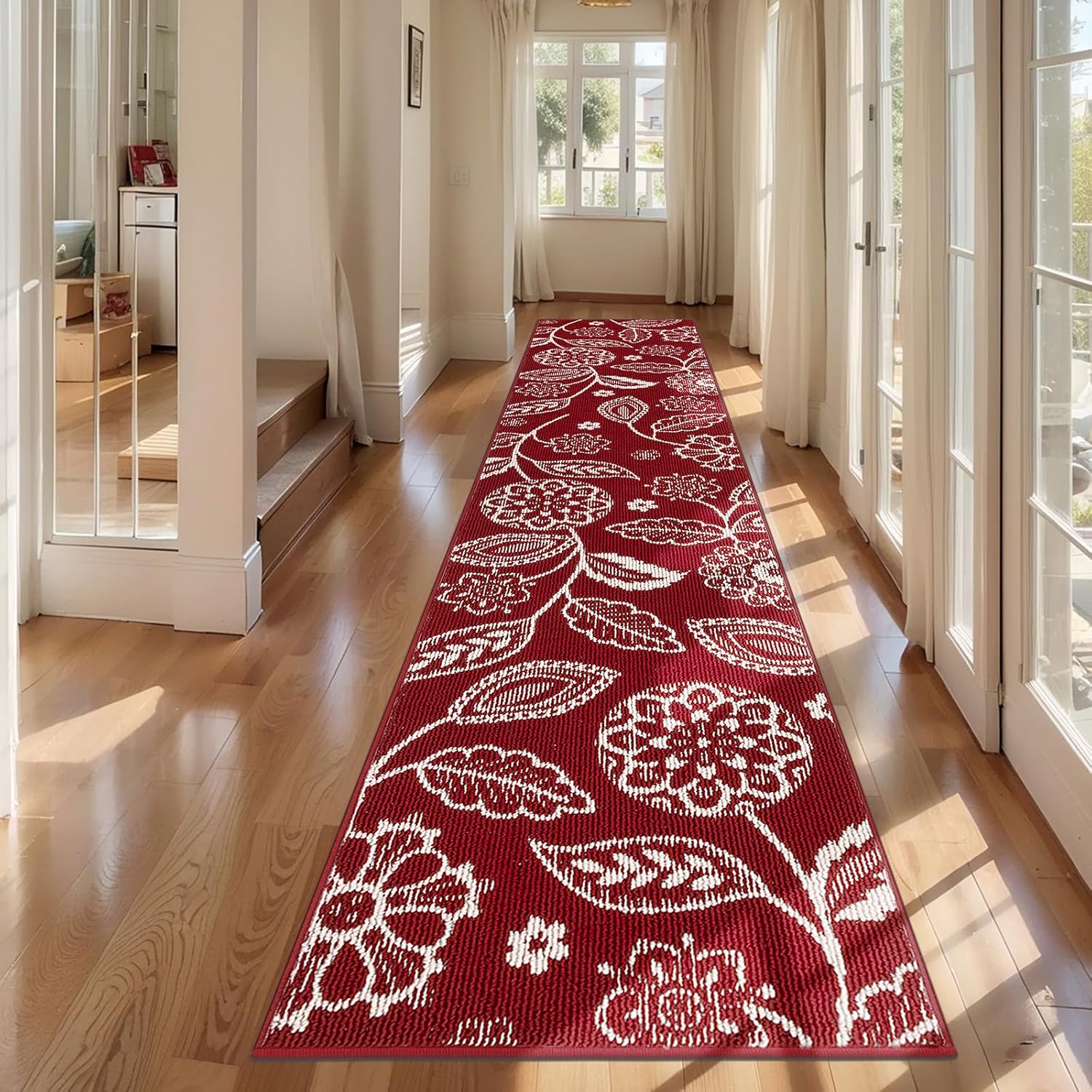 2x10 Washable Christmas Runner Rug with Non Slip Backing, Absorbent & Dirt-Trapping, Red and White High-Low Textured Floral Hallway Carpet for Kitchens, Laundry Rooms, Bathrooms, Entryways