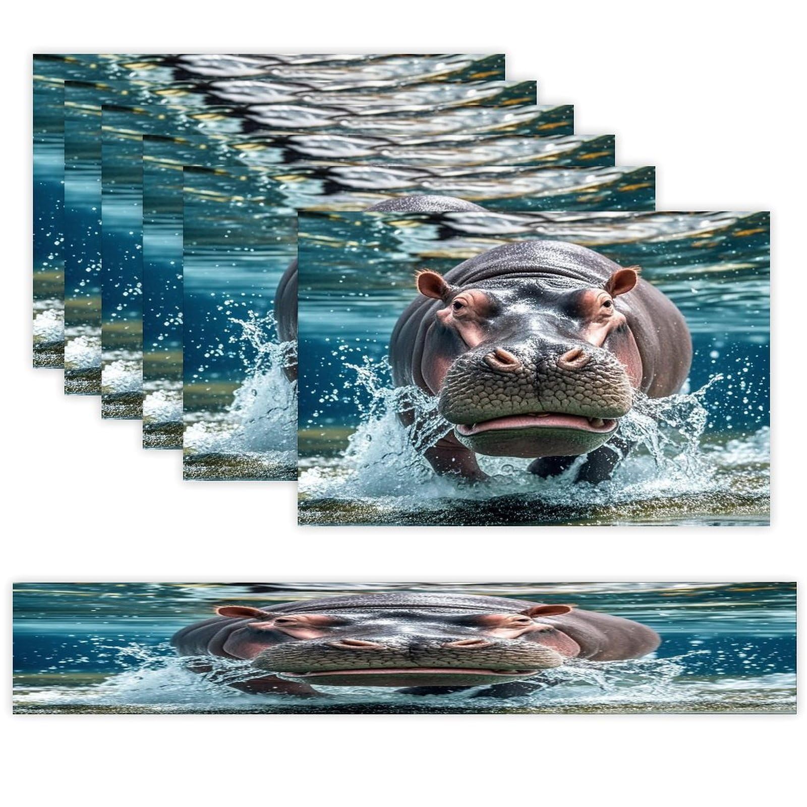 Diving Hippo Table Runner and Placemats Set of 6 Stain Resistant Heat Resistant Place Mats for Kitchen Dining Table Mats Long Table Runner Modern Art Dining Decor for Daily Use