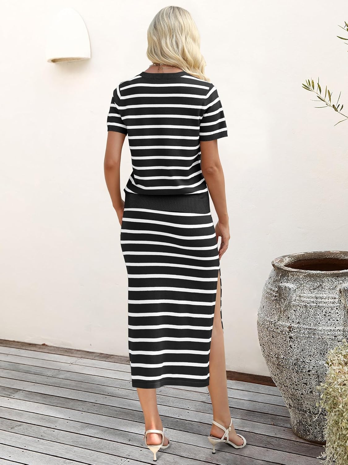 ANRABESS Womens 2 Piece Outfits Striped Sweater Skirt Sets 2026 Spring Casual Short Sleeve Pullover Tops Travel Midi Dress - Image 5