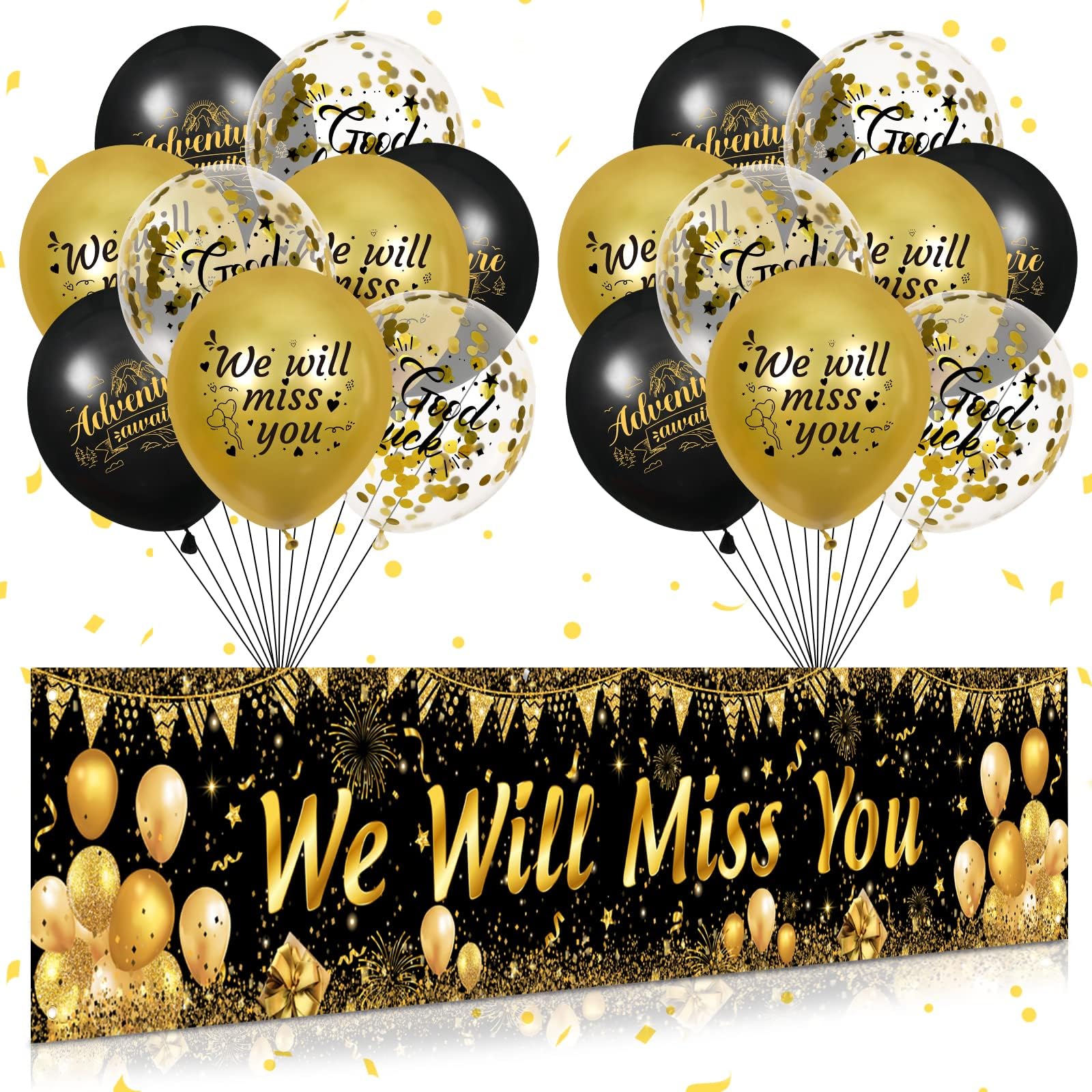 Black Gold We Will Miss You Party Decorations Banner and 18pcs Good Luck Balloons for Farewell, Going Away, Retirement, Graduation, Goodbye Party