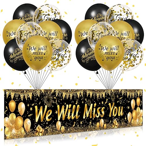 Cartel de decoración de fiesta con texto en inglés "We Will Miss You" y 18 globos de buena suerte para despedida, despedida, jubilación, graduación,