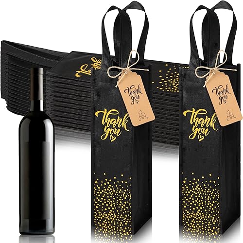 Miniatura 7 de Windyun 24 bolsas de regalo de vino a granel, bolsas de regalo de vino no tejidas con etiquetas impresas de agradecimiento y cuerda, bolsa