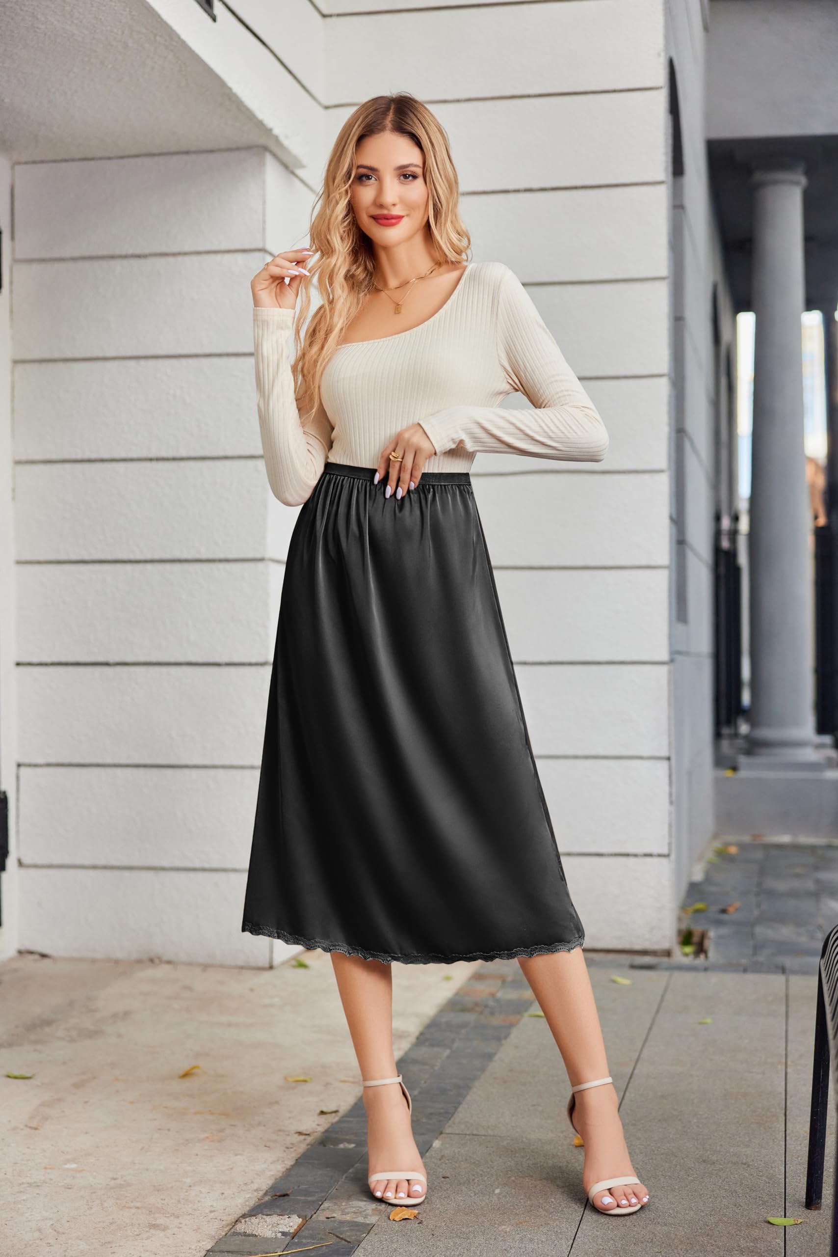 Avidlove Sottogonna lunga da donna in raso, 91,4 cm, in pizzo, taglie S-XXL, nero, Medium