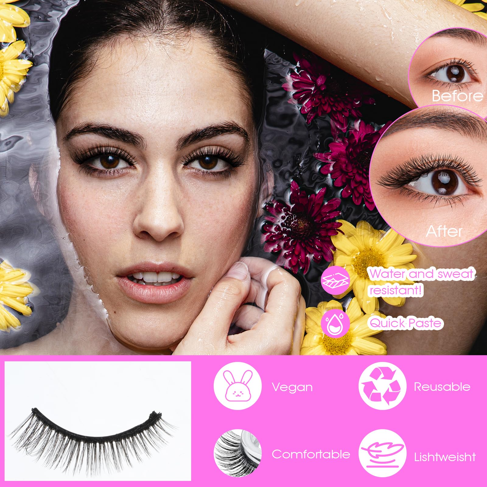 5 Paires Faux Cils Autoadhésifs Look Naturel Cil Pressés Sans Colle Réutilisables Pré-collés Imperméables Effet Œil de Chat Bandes de Cils 10-15mm