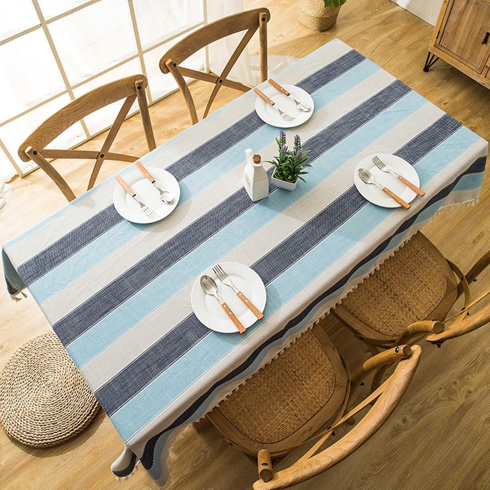 Mantel Rectangular Azul para Mesa, Rayas con Borlas, de Poliéster Fácil de Limpiar, 140 x 180 cm, Mantel para Hogar y Cocina