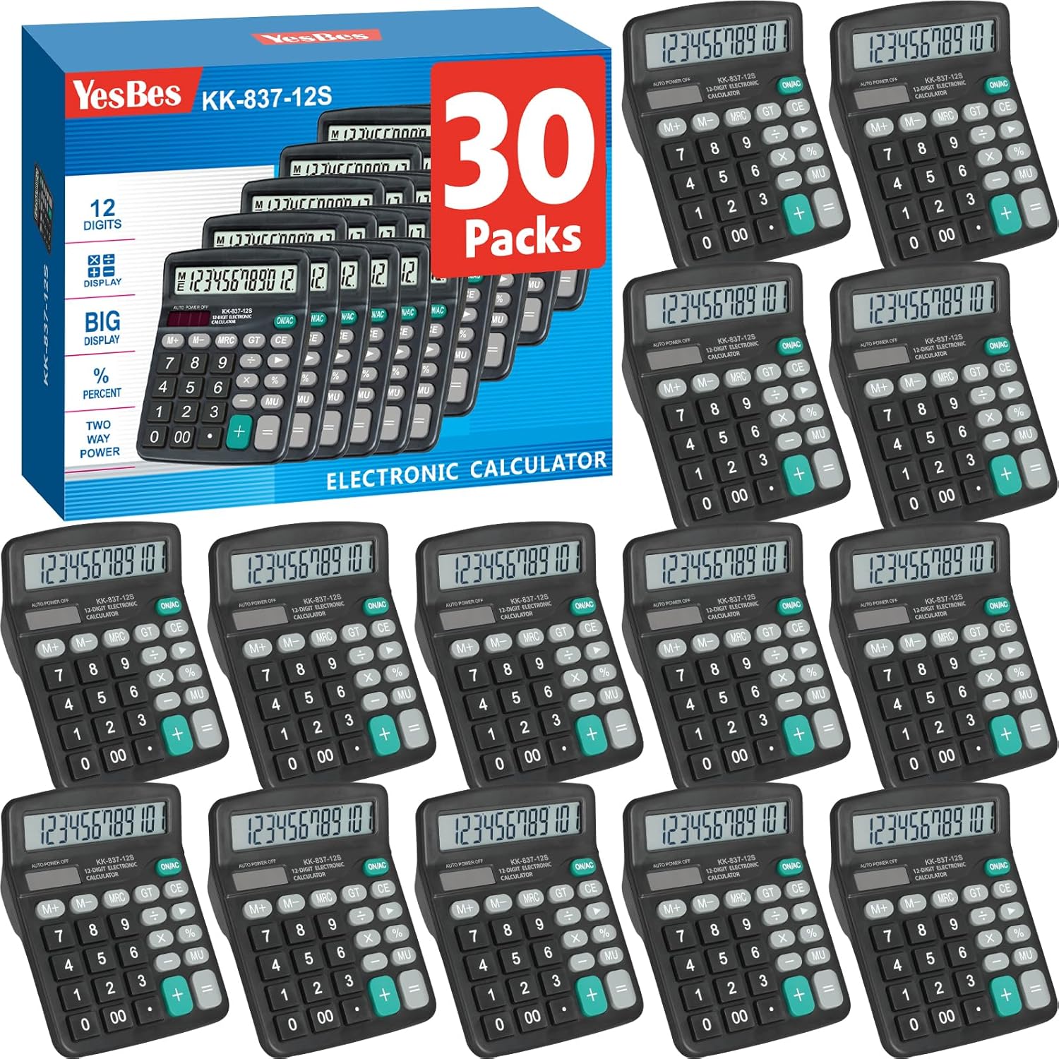 30 Pack Calculator Bulk, 12 Digits Calculators Desktop with Large LCD Display and Sensitive Butto, Solar and Battery Dual Power, Desk Calculator