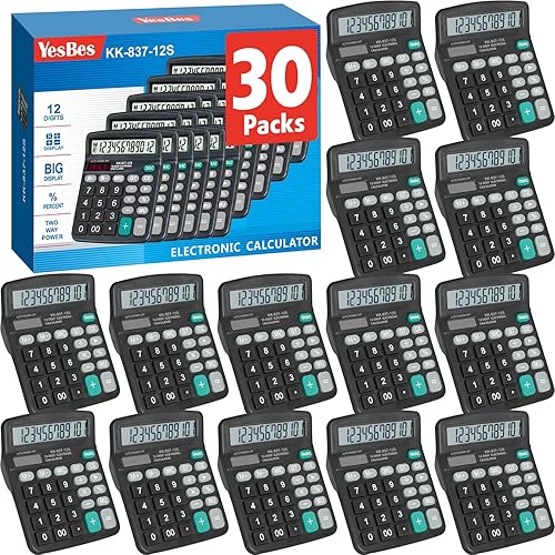 Paquete de 30 calculadoras a granel, calculadoras de escritorio de 12 dígitos con pantalla LCD grande y botón sensible, energía solar y de batería