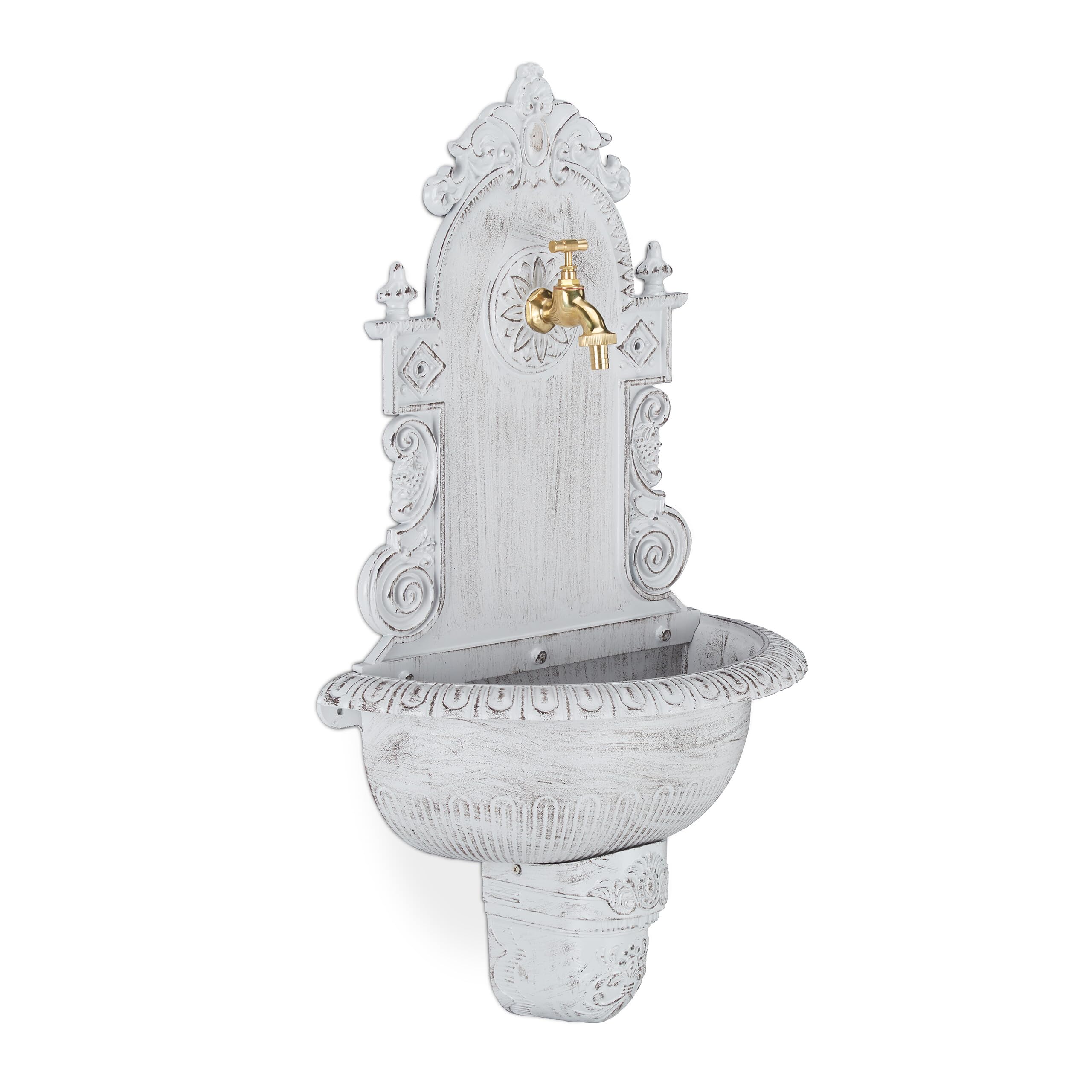 Relaxdays Fontana XL Antica a Parete, con Rubinetto, Lavabo per Giardino, in Lega di Alluminio, HLP 75x44x22 cm, Bianca