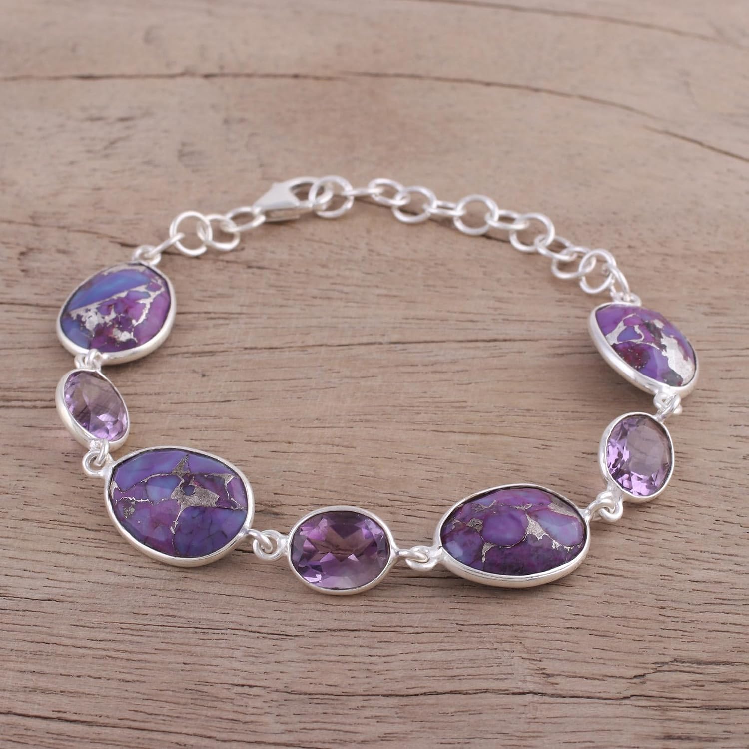NOVICA Artisan Handmade Sterling Silver Link Bracelet Amethyst Purple Turquoise from India Reconstituted Birthstone [6.5 in min L x 7.75 in max L x 0.6 in W] ' Gleaming Lilac'