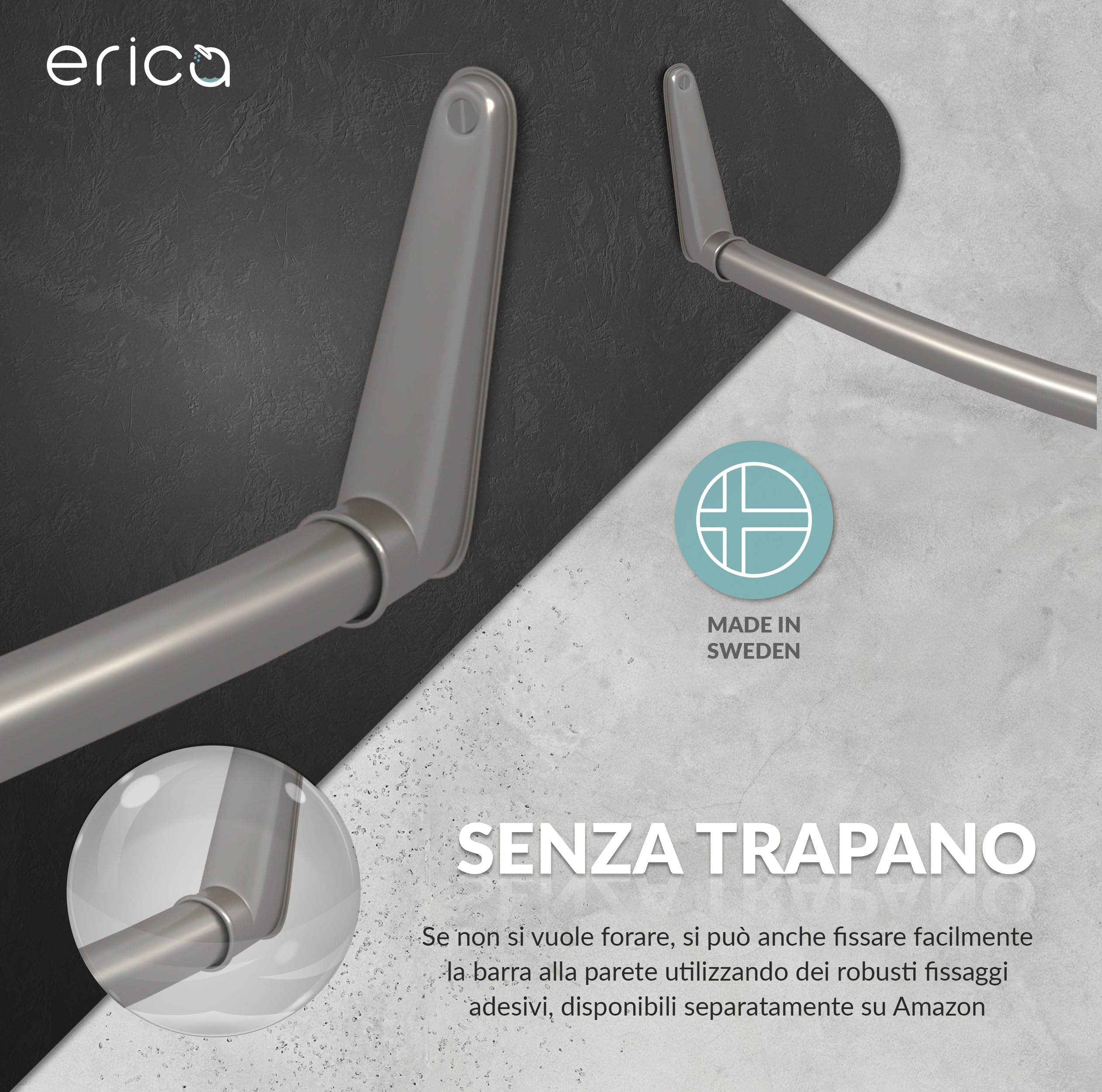 Erica Asta Angolare per Tenda Doccia 140x140 cm - 100% Antiruggine - Nero | 140x140cm, Montaggio a Parete, Senza Fissaggio al Soffitto, Asta Doccia Curva, Acciaio Verniciato a Polvere, 100% Antiruggine