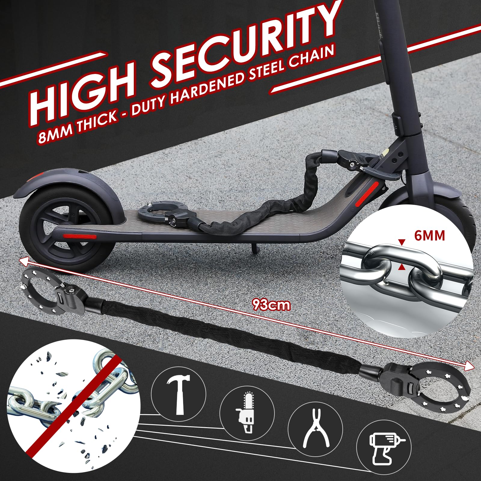 TLGREEN Antifurto Trotinette Elettrico, 93 cm Robusto Antifurto Catena Velo | 6 mm Catene, con Chiavi, Borsa Impermeabile, Lucchetto Velo Antifurto per Scooter, Biciclette, Moto, Cancello, Recinzione