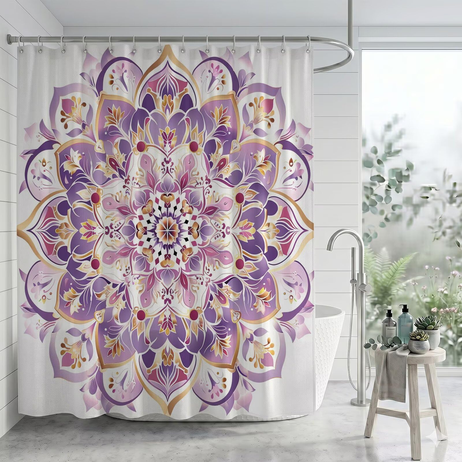 Rosa Rosa Diseños De Alfombras Cortina de Ducha 300 x 200 cm Impermeable Repelente al Agua para Bañera y Baño, Cortina de Tela Poliéster con Bajo Lastrado, Lavable a Máquina, con Anillas, Q-o300