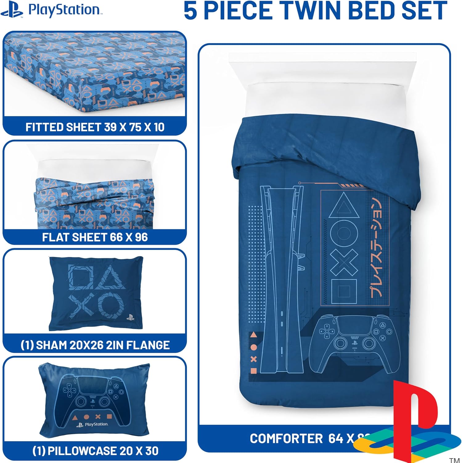 Jay Franco Kids Comforter Set Includes Sheets and Pillow Covers - Soft and Cozy Bed Set for Stylish Room Decor, Official Licensed Bedding, Blue - PlayStation, 5 Piece Twin