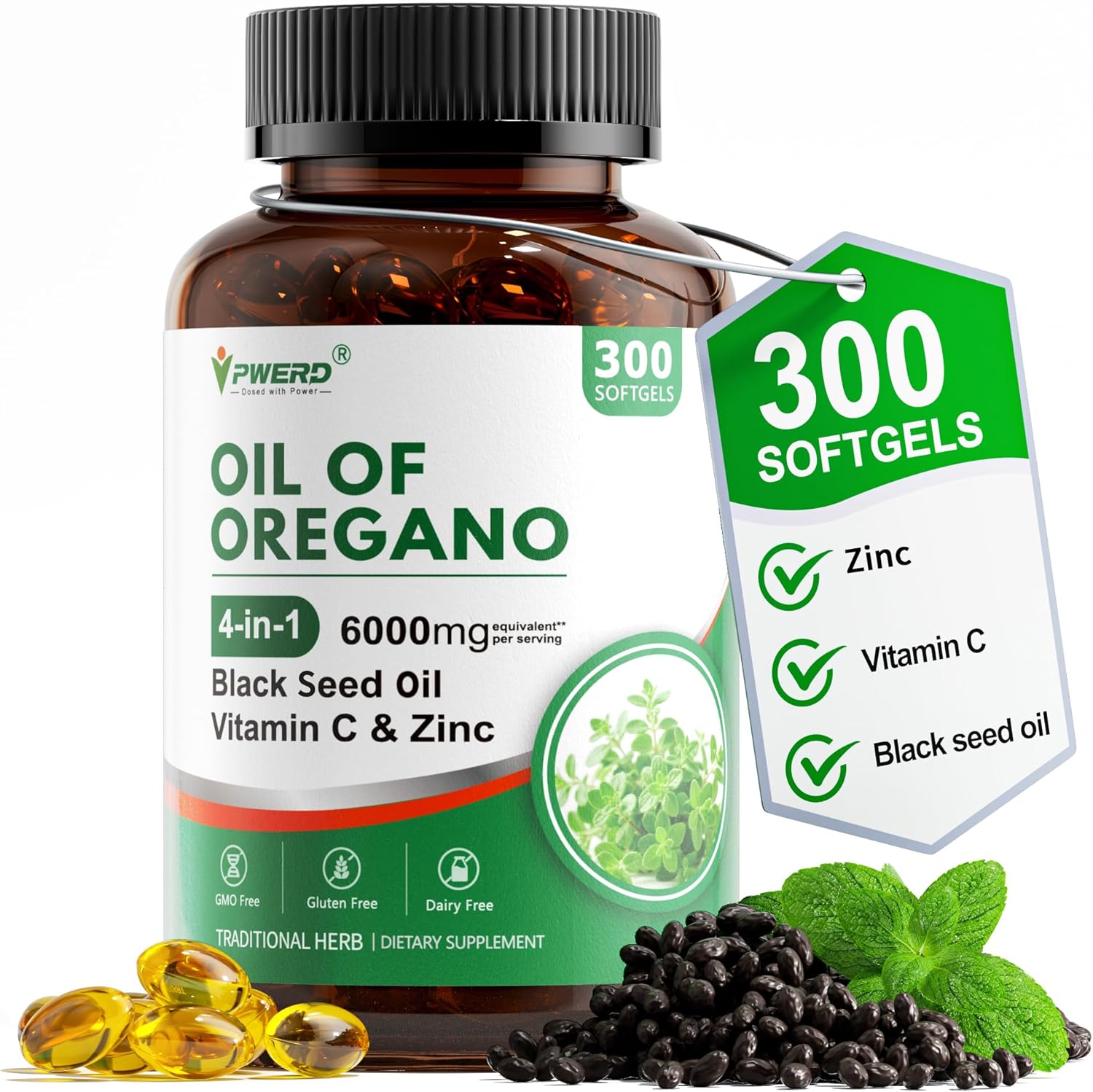 300 Softgels Wild Oregano Oil Capsules Organic Pills of Oregano Softgels Capsules Organic with Black Seed Oil
