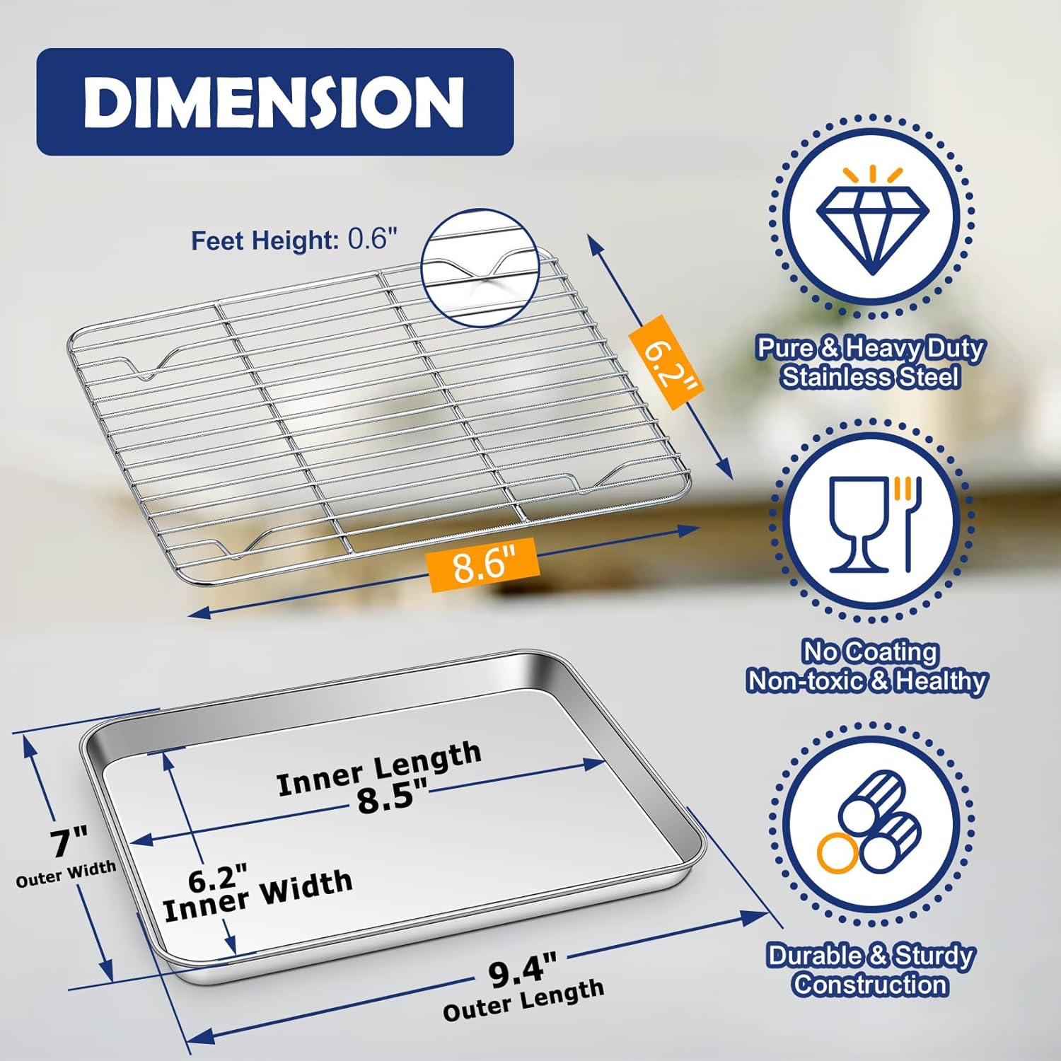 9 Inch Baking Sheet Pan with Rack Set, Joyfair Stainless Steel Toaster Oven Pans Tray & Cooling Racks for Cookie/Jelly Roll/Bacon/Meat, Commercial Metal & Rust-free, Dishwasher Safe