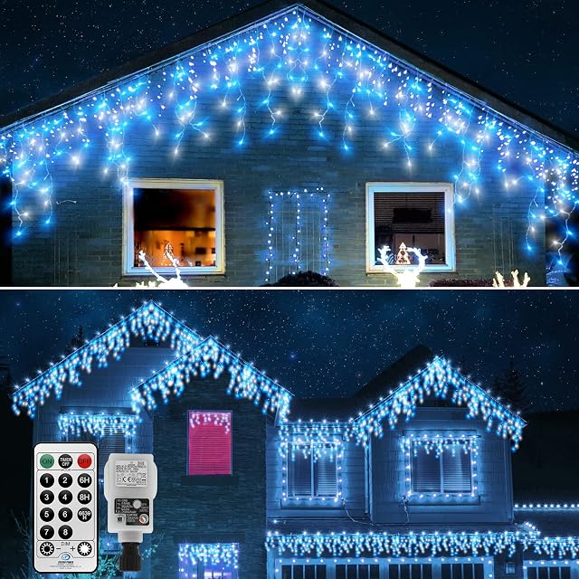 CERIAL 20M Icicle Lights Outdoor Christmas Curtain Fairy Lights Mains Powered Outside Ice Lights with 108 Drops for Indoor Gazebo Outside Xmas Decorations, Blue+White