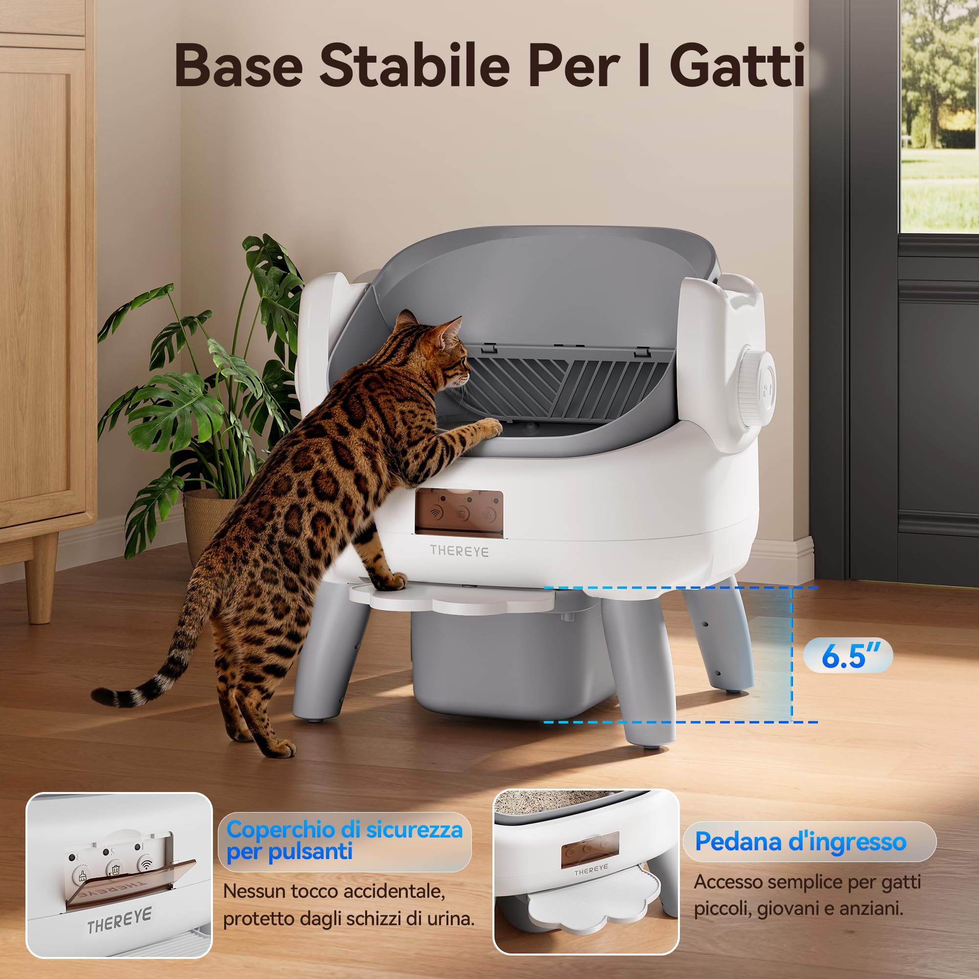 Thereye Lettiera Automatica Senza Coperchio, 11 Sensori Sicurezza, App Wi-Fi 2,4GHz, Vano Rifiuti 10L Anti-Odore Silenzioso, Garanzia 2 Anni Sola Sostituzione per Gatti Piccoli e Medi