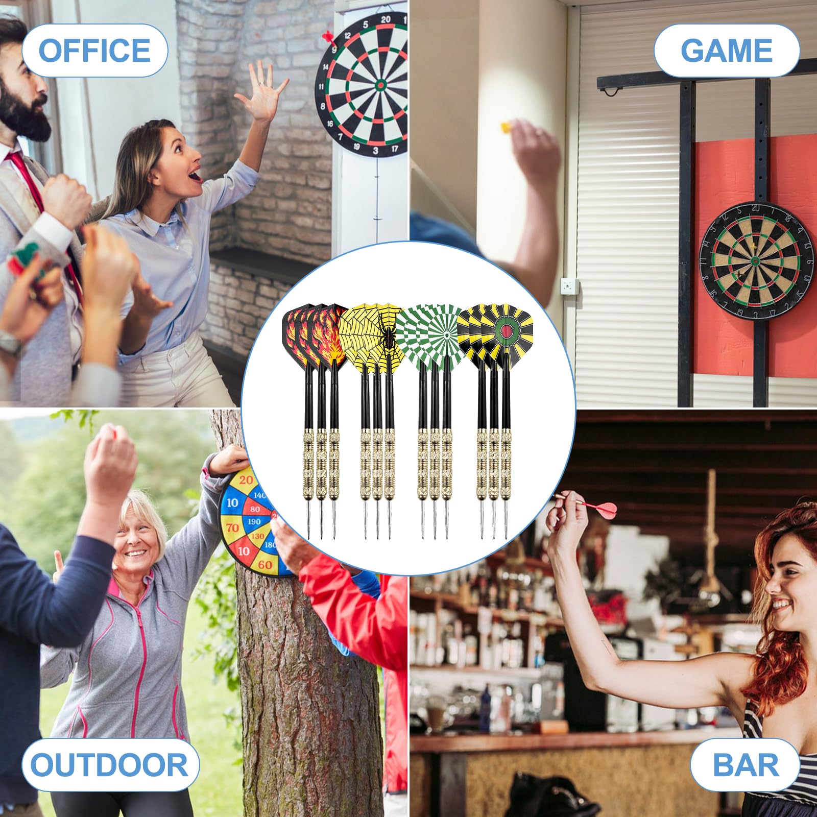 Wingluge Juego de 12 Dardos con Punta de Acero, Dardos Profesionales 14 Gramos, Darts Set 4 Patrones, Dardos para Principiantes, Bar y Sala de Juegos, Familia Fiesta, Rec Room
