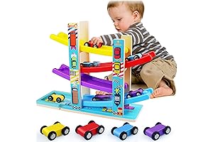 Montessori Learning Toys for Toddlers, Wooden Race Track with Cars and Parking Lot