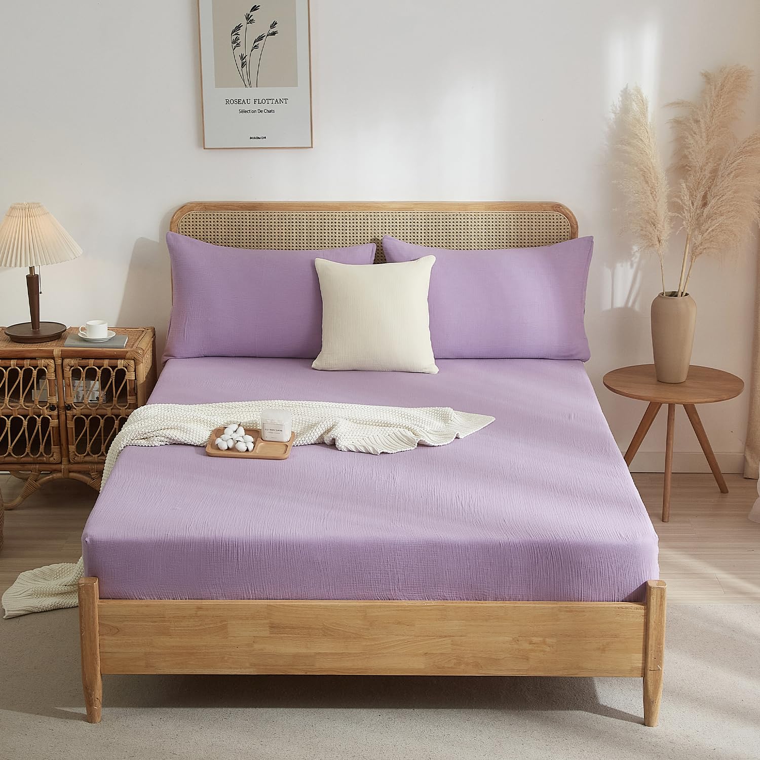 Lenzuolo con angoli in mussola di cotone 180x200cm, lenzuolo sotto con angoli, colore lilla, tinta unita, lenzuolo sotto in mussola di cotone per letto matrimoniale con materasso alto fino a 25