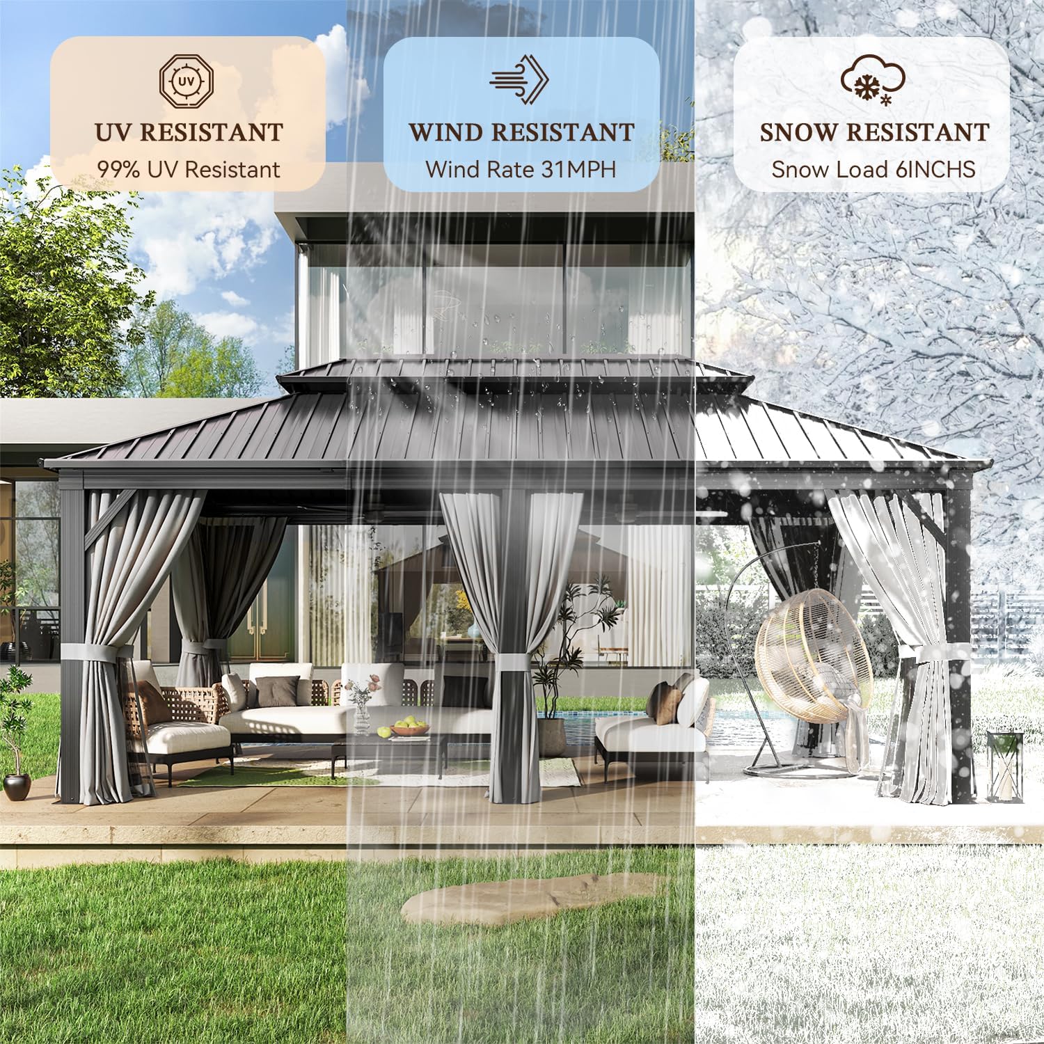 Image depicting the gazebo's resistance to UV, wind, and snow, highlighting its durability.