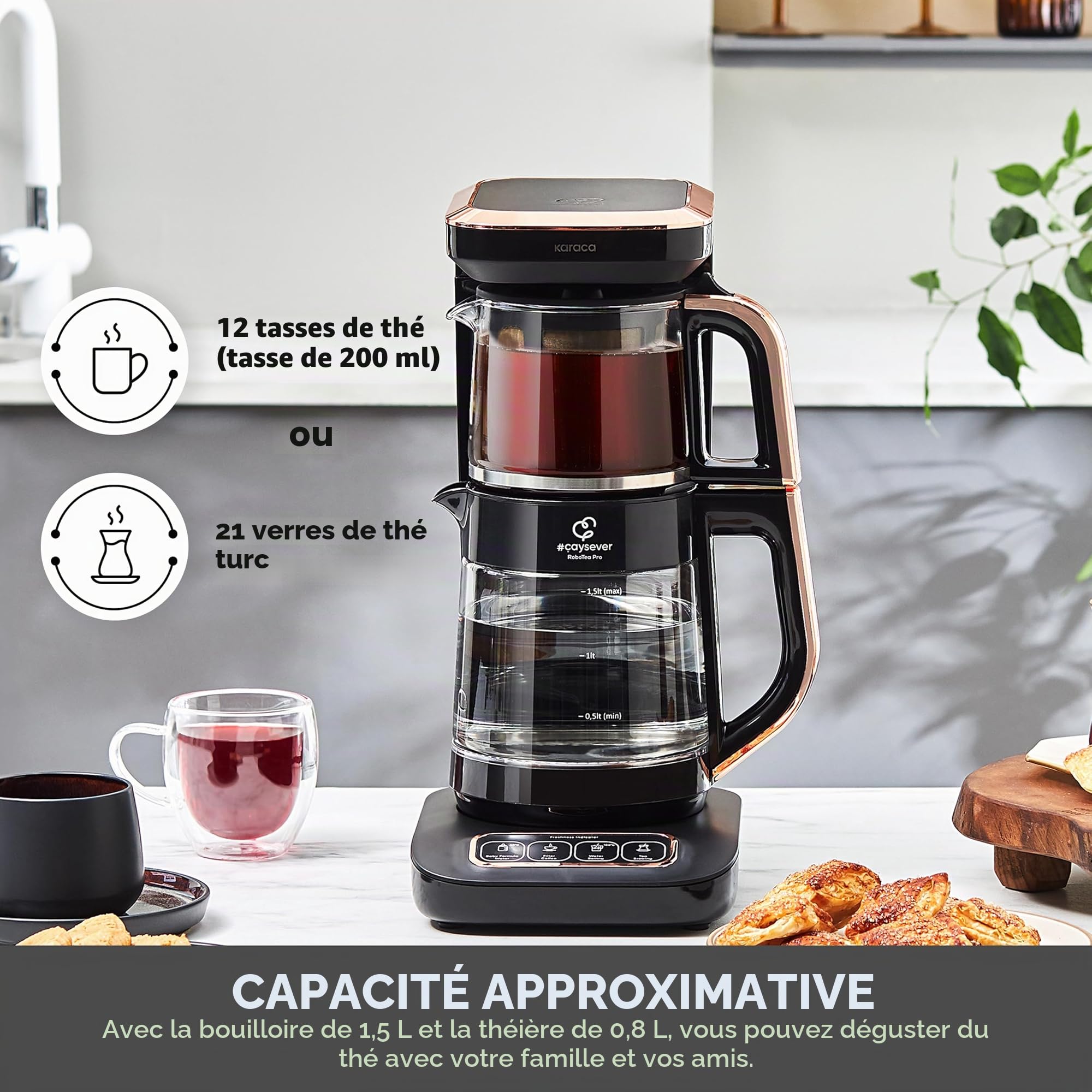 Karaca Bouilloire Robotea Pro 4 en 1 automatique et parlante Bouilloire et cafetière filtre 2500W, Black Copper