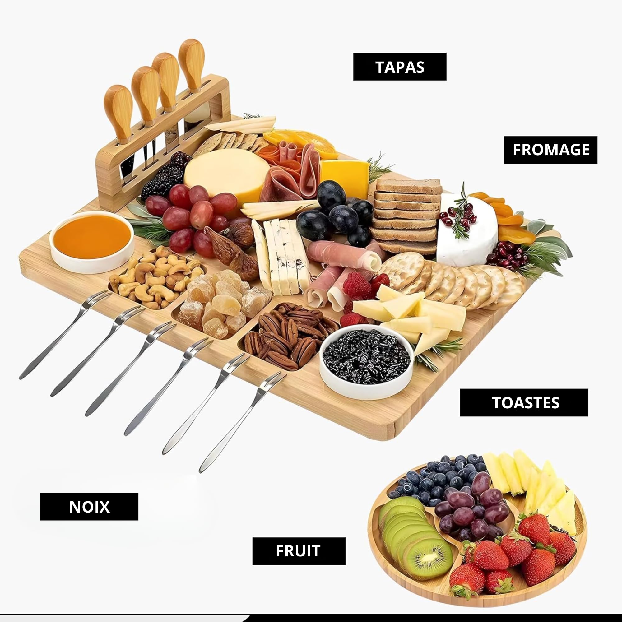 Ensemble De Planches À Fromage en Bambou avec Couteaux Et Fourchettes - Planche À Charcuterie en Bois avec Plateau De Service Supplémentaire | Plateau De Service pour Tapas, Fruits Et Viande