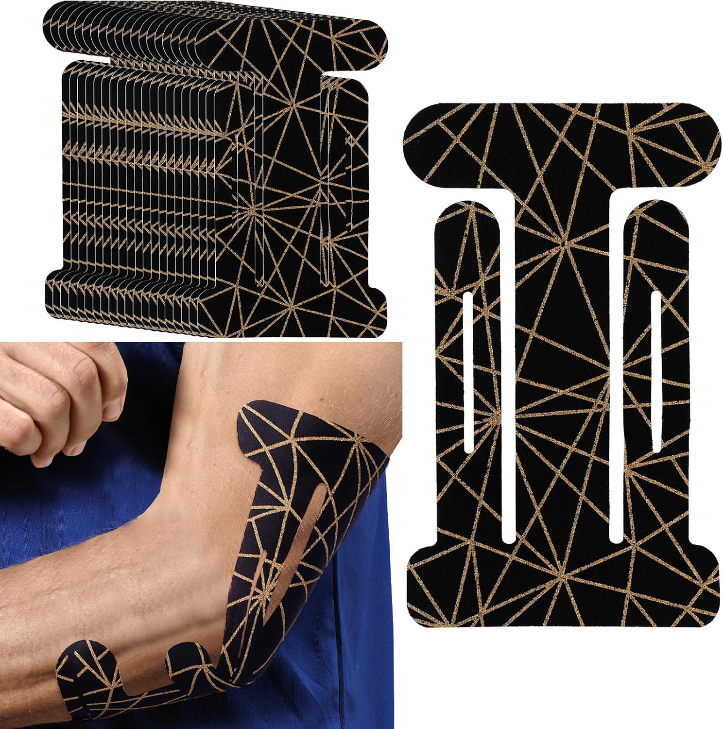 Geiserailie 20 Pcs Precut Kinesiology Tape for Shoulder, Pain Relief Pre Cut Sports Waterproof Breathable Enhance Elastic Copper Infused Kinesiology Athletic Tape for Body Support and Muscle Black