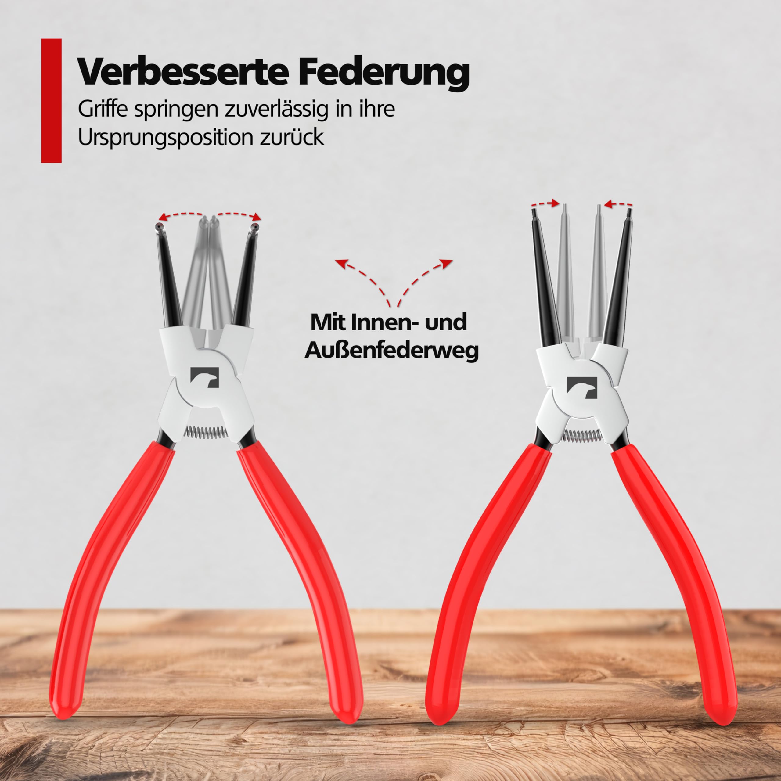 RAVN HAMAN 4 x Sprengringzangen 175 mm Rot - - Sicherungsringzangen mit präzise geformten Zangenspitzen - - Sicherungszangen mit abrutschhemmenden Griffen - - Seegeringzangen in Aufbewahrungstasche