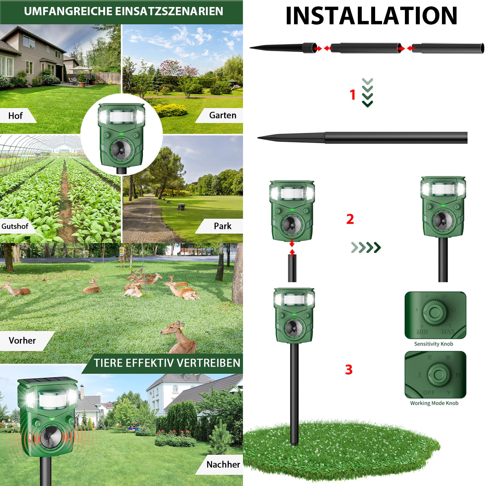 Ahuyentador de gatos ultrasónico solar – 2025 sensor de movimiento mejorado disuasivo para gatos, perros, martas, ciervos y ardillas, protección contra animales con sensor PIR y flash, IP65 resistente