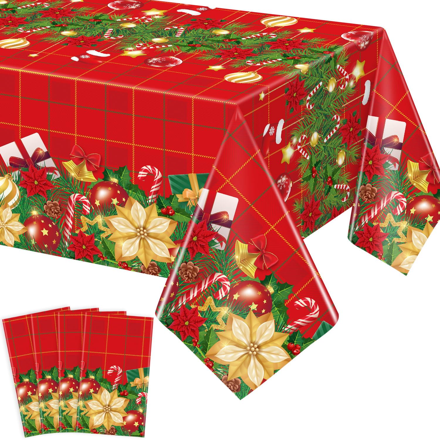 4 Pcs Christmas Poinsettia Plaid Tablecloth Christmas Checkered Tablecover Red Glod Flower 51 x 86 Inch Rectangle Xmas Tablecloth for Winter Holiday Party Supplies Home Dining Xmas Holiday Decoration-image-2