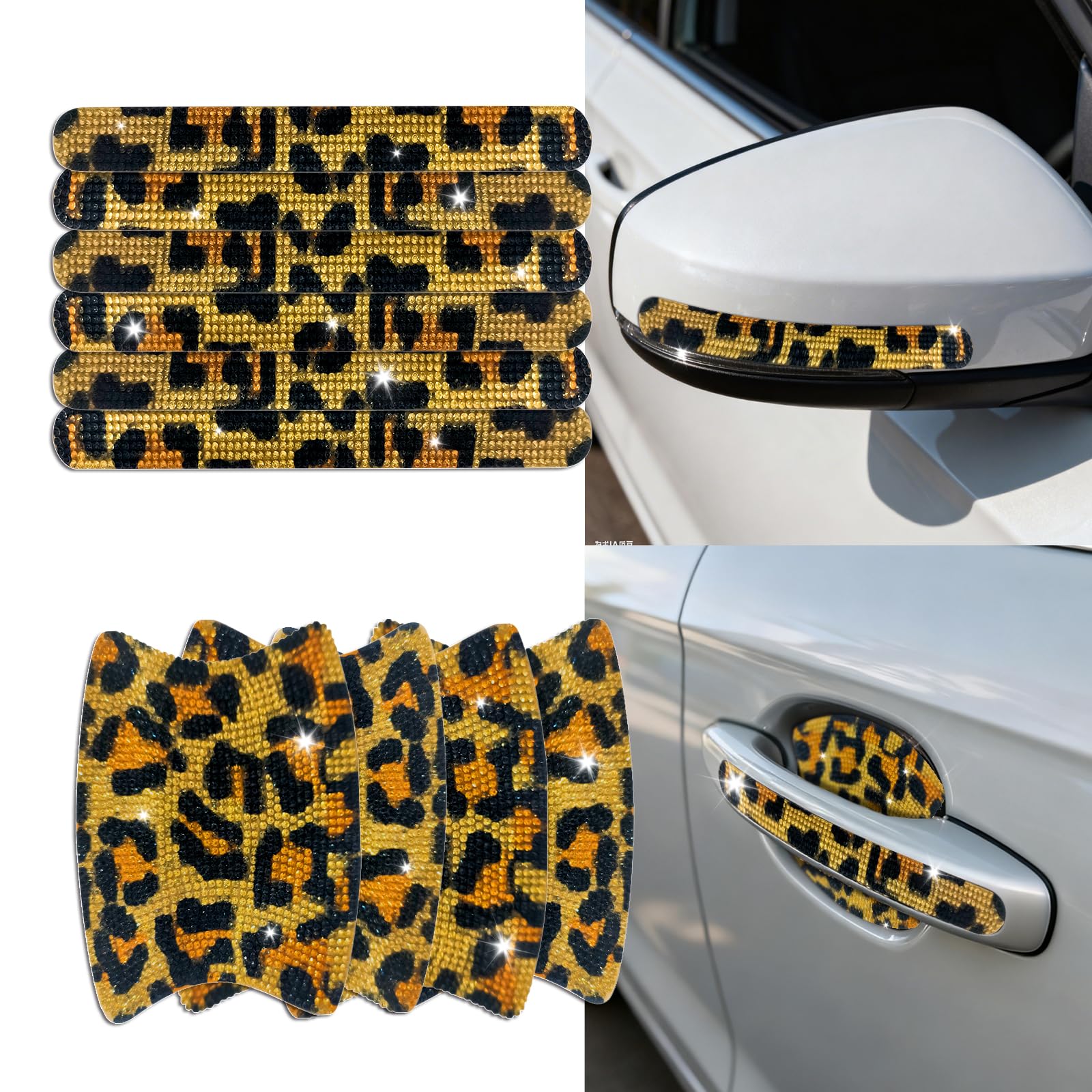 Photo 1 of 10PCS Bling Car Door Handle Protectors, 4 Door Bowl Stickers + 6 Handle Strips, Crystal Rhinestone Anti-Scratch Car Accessories, Sparkling Auto Decor, Universal for SUV Sedan Truck (Leopard Print)