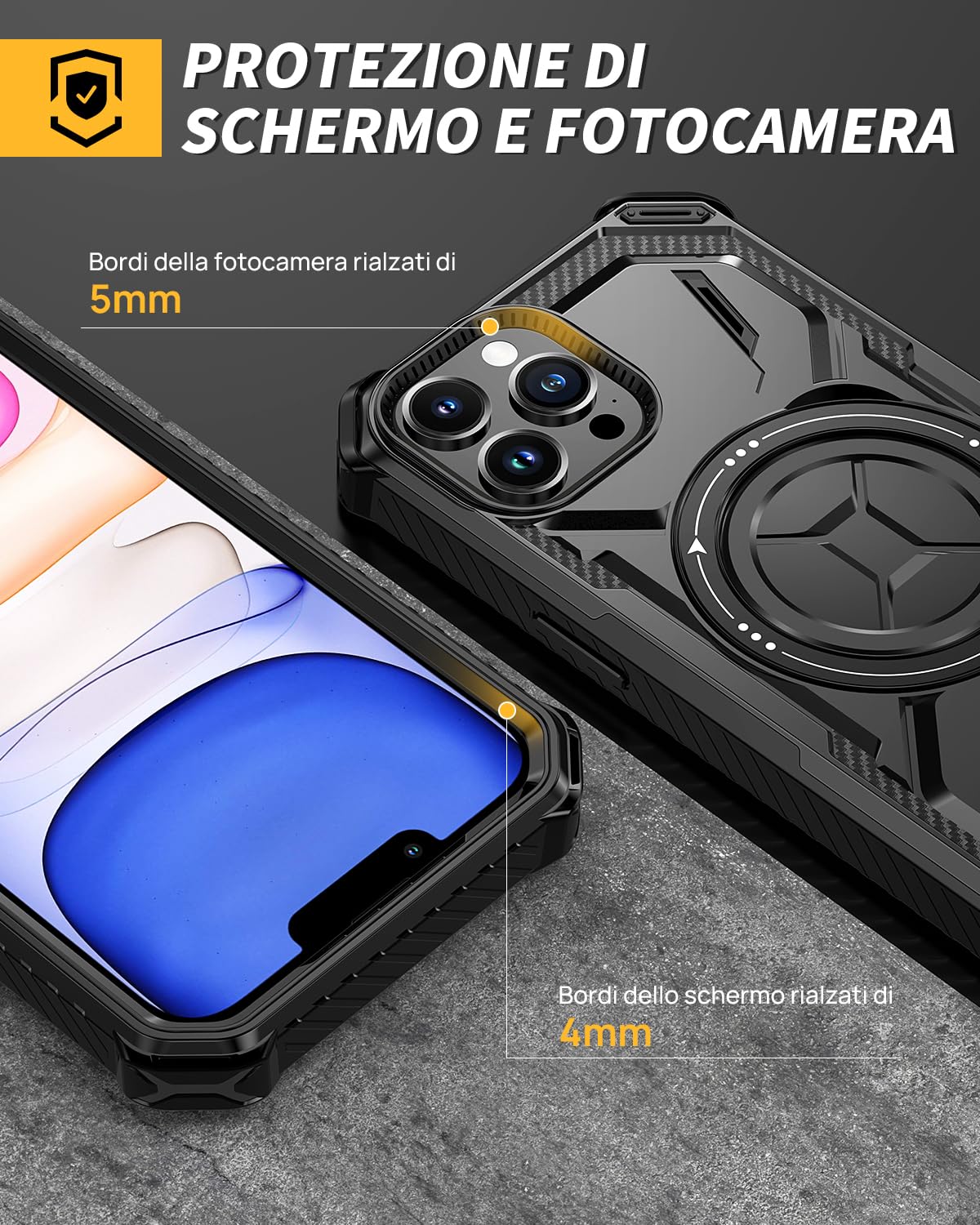 Lanhiem Cover iPhone 13 Pro Max con 2 Pezzi Vetro Temperato, Supporto Magnetico Anello a 360° Protezione 6FT Antiurto Anticaduta Militare Armor Protezione, Custodia iPhone 13 Pro Max, Nero