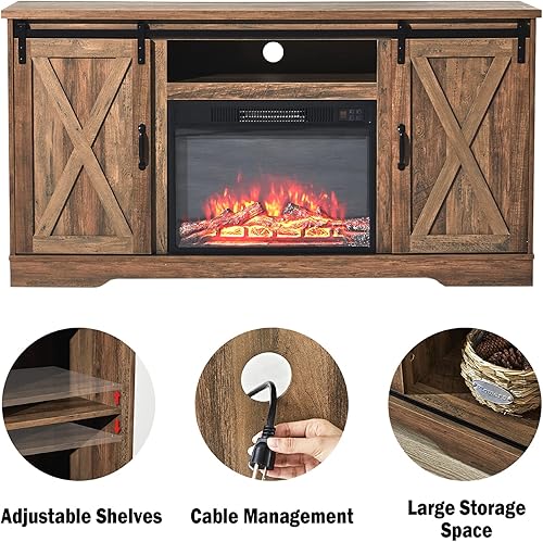 Miniatura 5 de AMERLIFE Fireplace TV Stand with Sliding Barn Door for TVs up to 65", Farmhouse 59" Fireplace Entertainment Center with Storage Cabinets/Adjustable