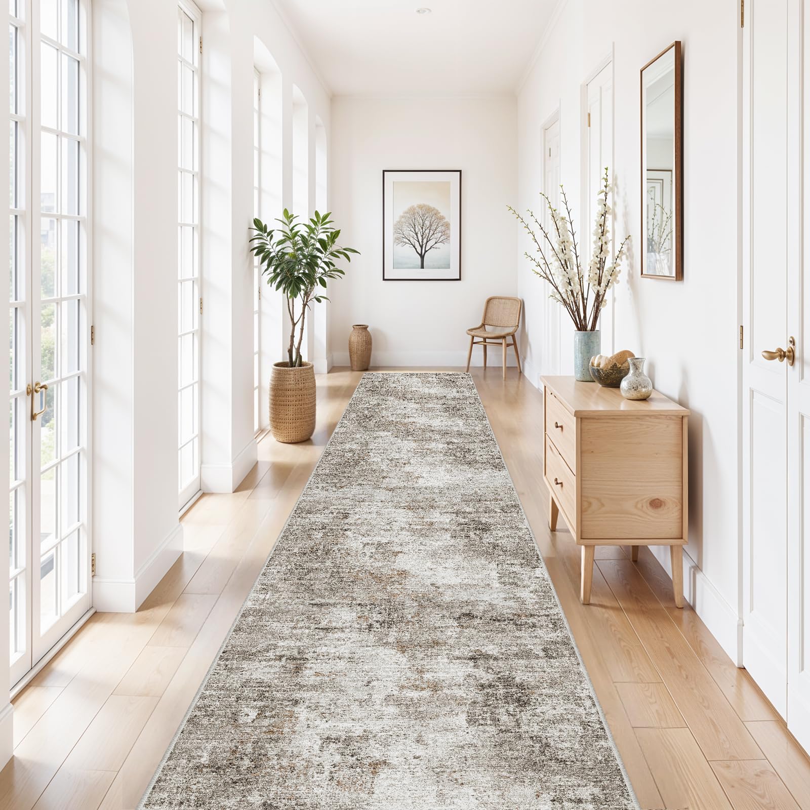 3x20 Extra Long Hallway Runner Rug – Non-Slip Washable Stain-Resistant 20 Ft Carpet for Kitchen & Entryway, Low-Pile Thin Modern Abstract Wide Floor