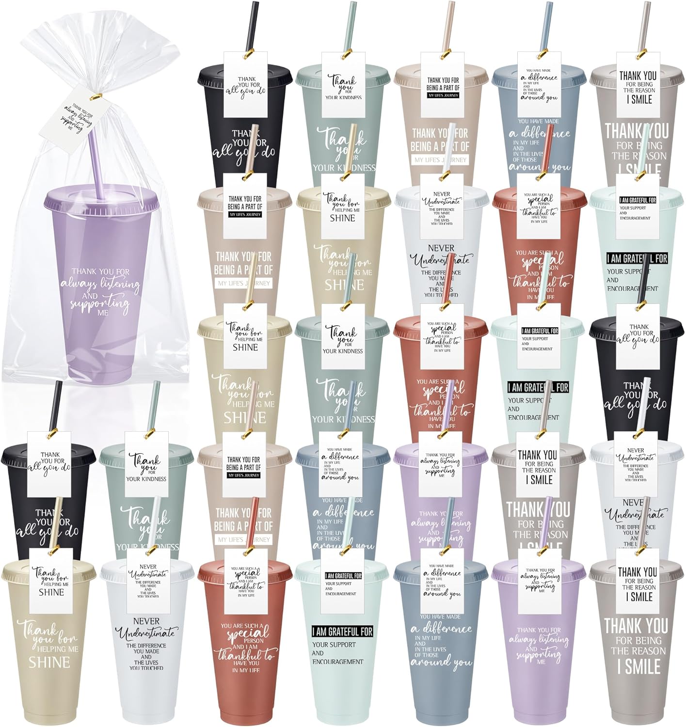 Skylety 30 Pcs Valentine Galentine Employee Appreciation Gift Bulk 24 oz Plastic Tumbler Cup with Lids Straws Thank You Cup Bulk for Coworker Team Teacher Nurse Volunteer(Respect,Dark Colors)