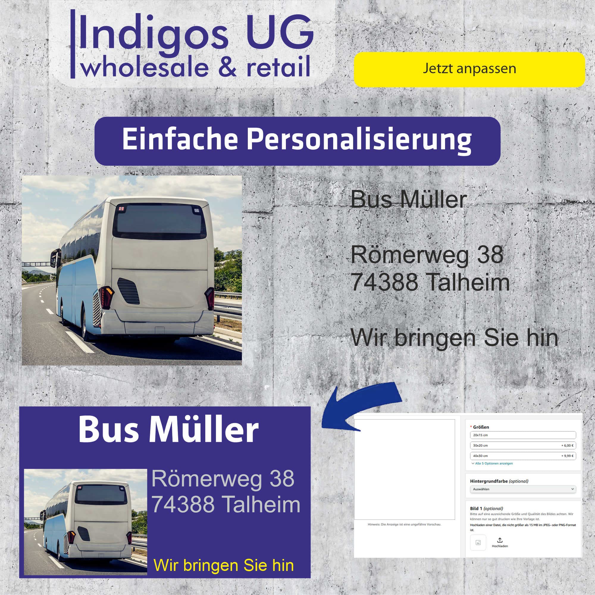 INDIGOS UG - Firmenschild - Schilder selbst gestalten 200x100 cm - mit Ihrem Logo, Firmenname, personalisierte Geschenke - Foto & Wunschtext - Schild für Rezeption, Lobby, Firma, Hotel, Empfang,