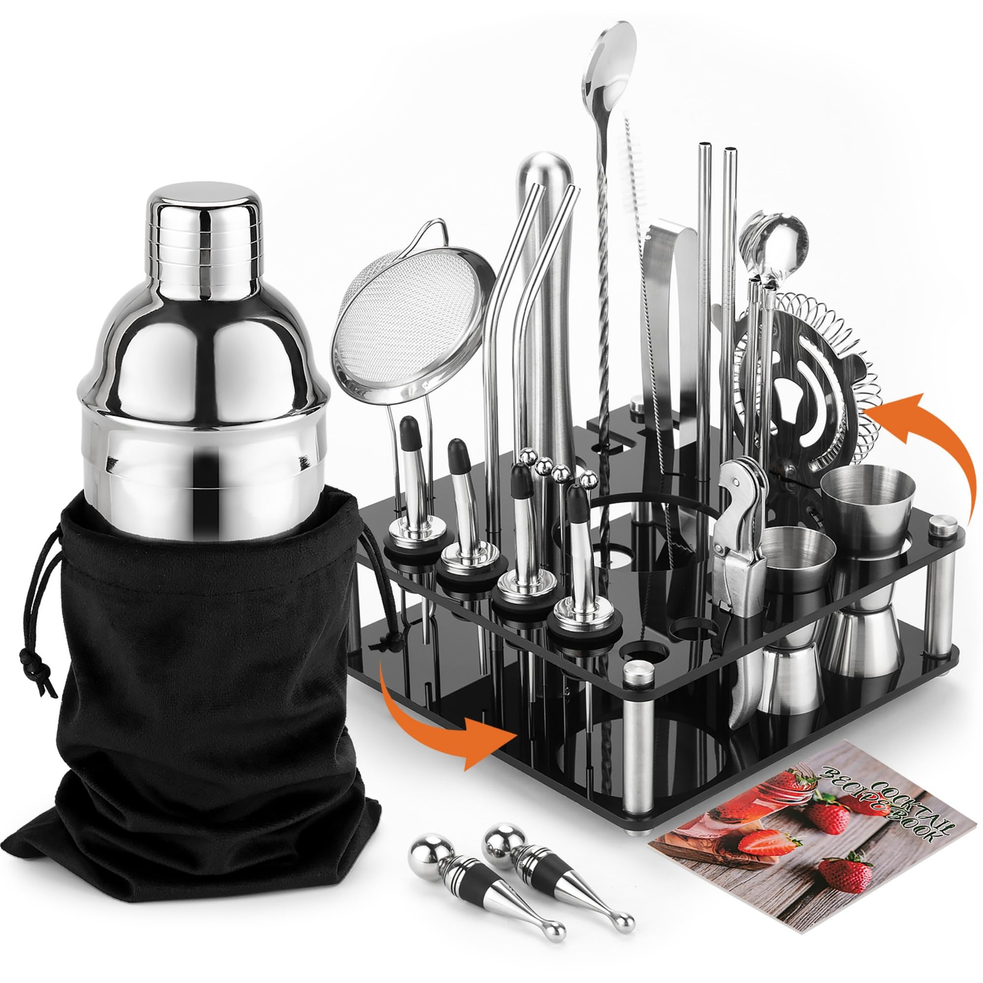 KINGROW Mixology Cocktail Shaker Set - Komplettes 29-teiliges Barkeeper-Set und Barwerkzeuge mit Acryl-Drehständer, Professionelles Bar-Set für Getränkemischen, Zuhause, Bar, Party