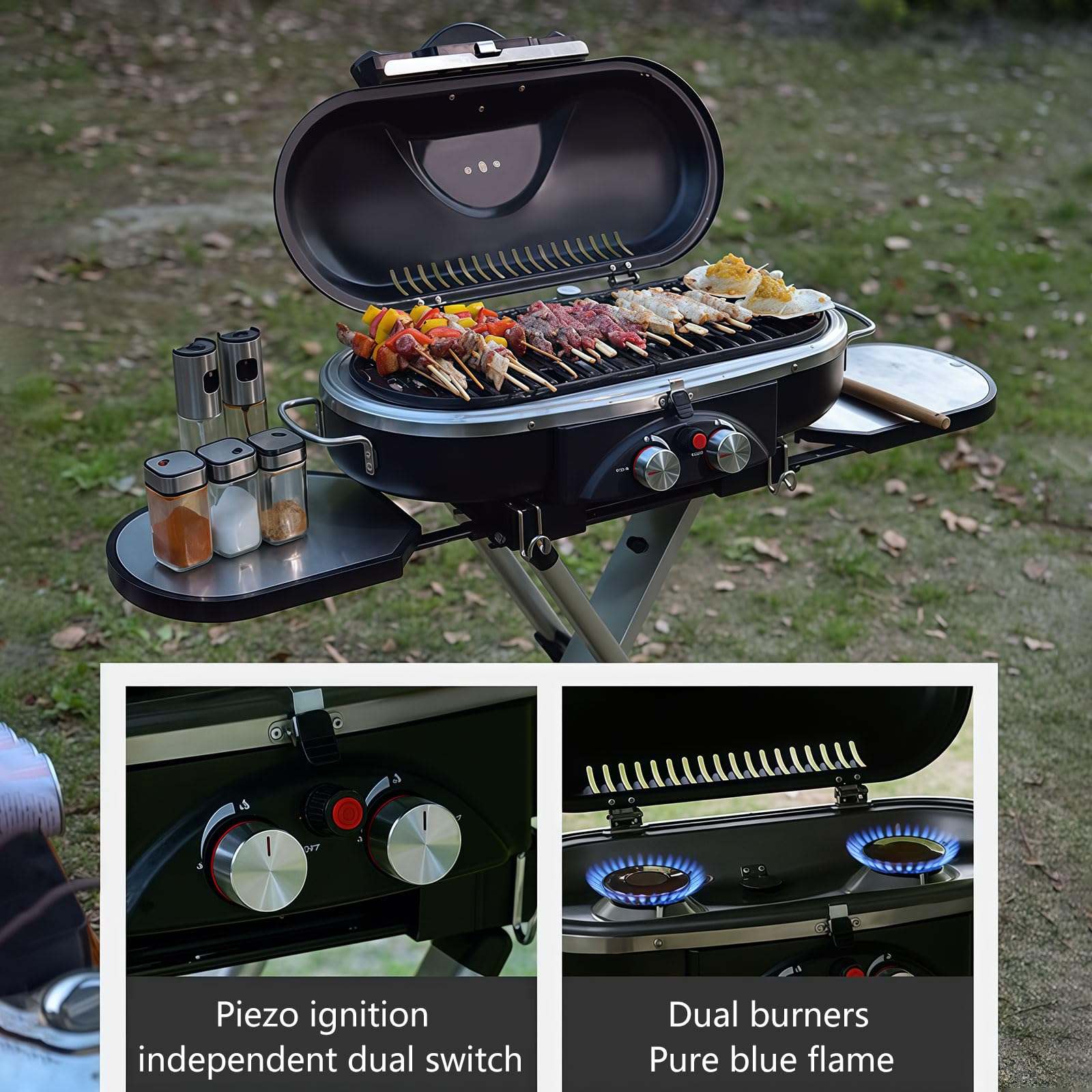 Griglia a gas portatile con doppio bruciatore, design pieghevole, termometro integrato, potenza 2,34 kW, griglie in ghisa per campeggio e cucina in giardino