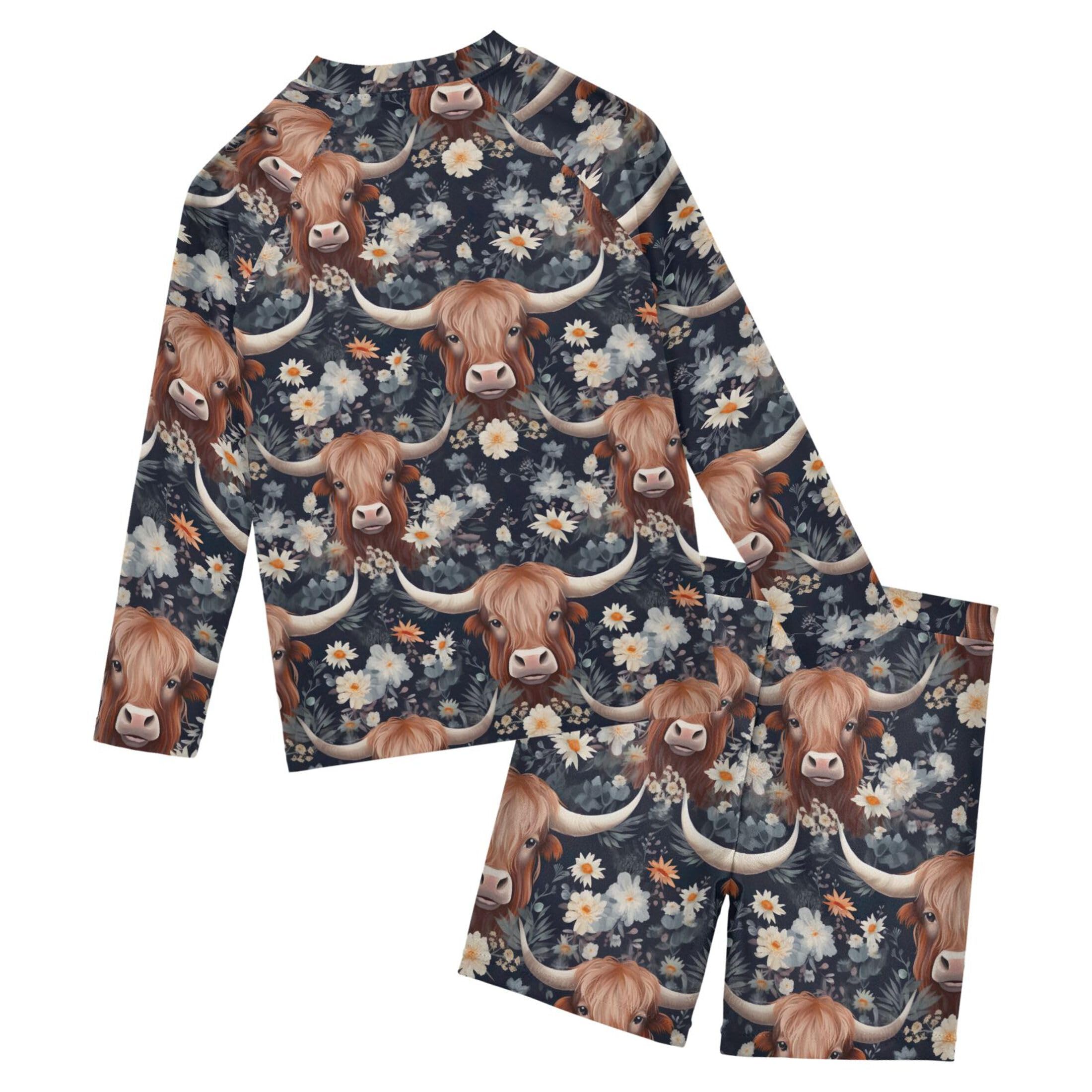 Highland Cow Flowers Animal Baby Boys' Toddler Long Sleeved Rashguard Swim Bathing Suit Set B0403263