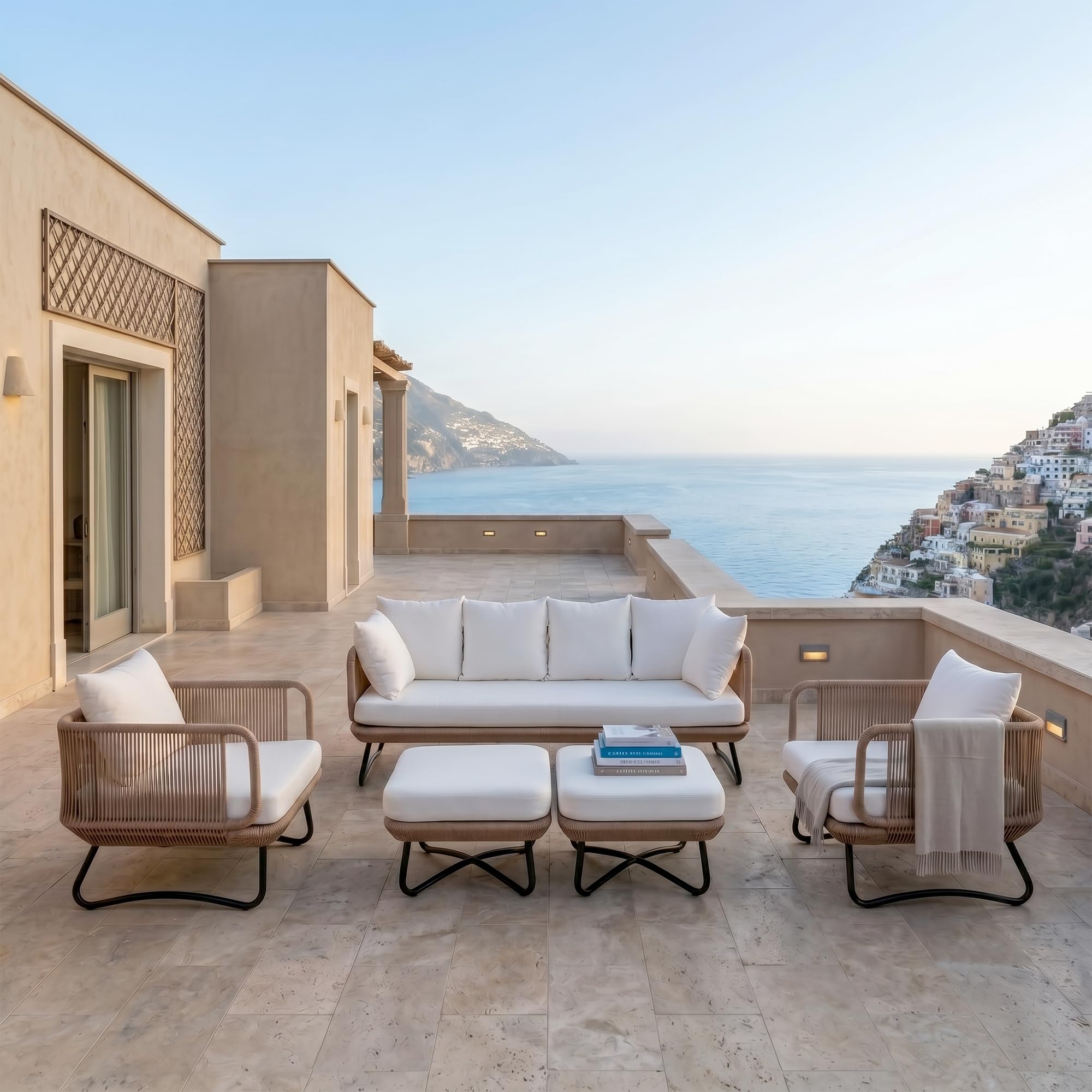 BRISHI Outdoor Rope Sofa Set | Balcony Sofa | Patio Conversation Sets | Braided Rope Garden Sofa Set and Ottoman (7 Seater - Beige) discount deal