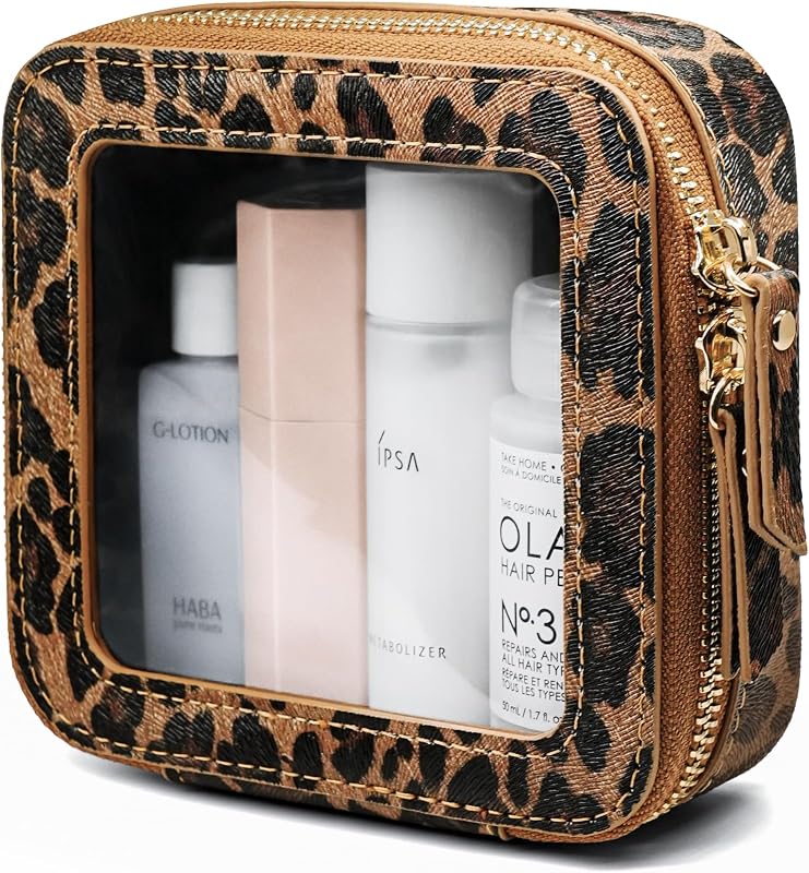Necessaire de maquiagem Popvibe mini com seção transparente, estampa animal e zíper