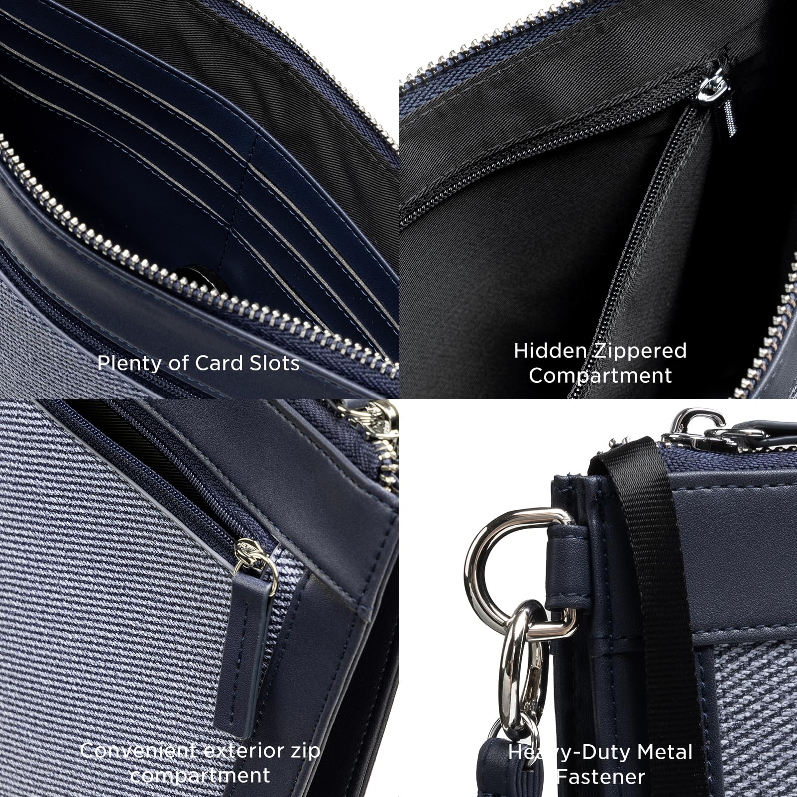 VULKIT Bolso de mano para hombre, con funda extraíble para gafas, cartera grande con cremallera, bolso de negocios, azul marino, Medium