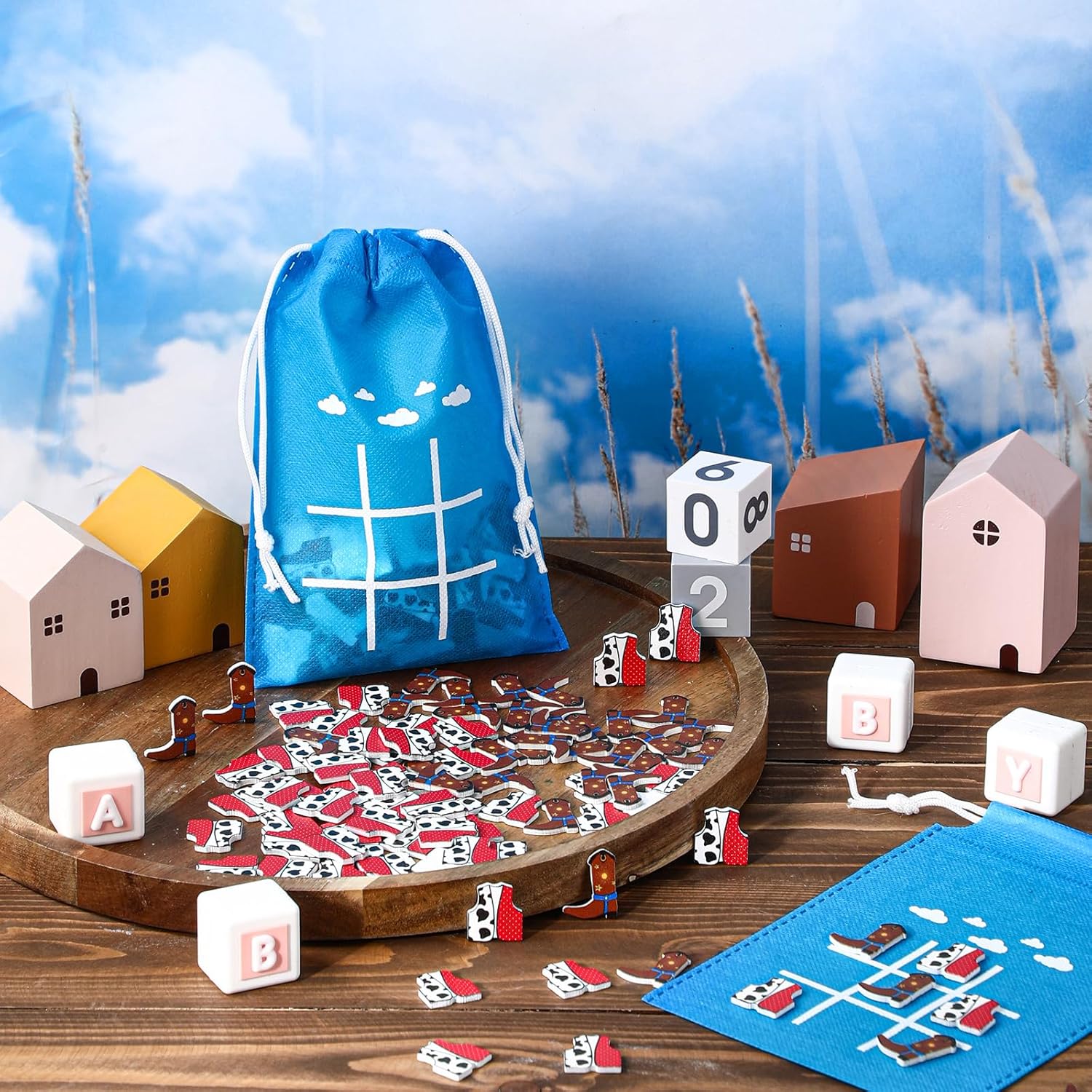 Sotiff 24 Sets Western Cowboy Tic Tac Toe Games with Blue Sky White Theme Drawstring Bags Cowboy Party Favors for Boys Girls Classroom Games Birthday Christmas Party Supplies