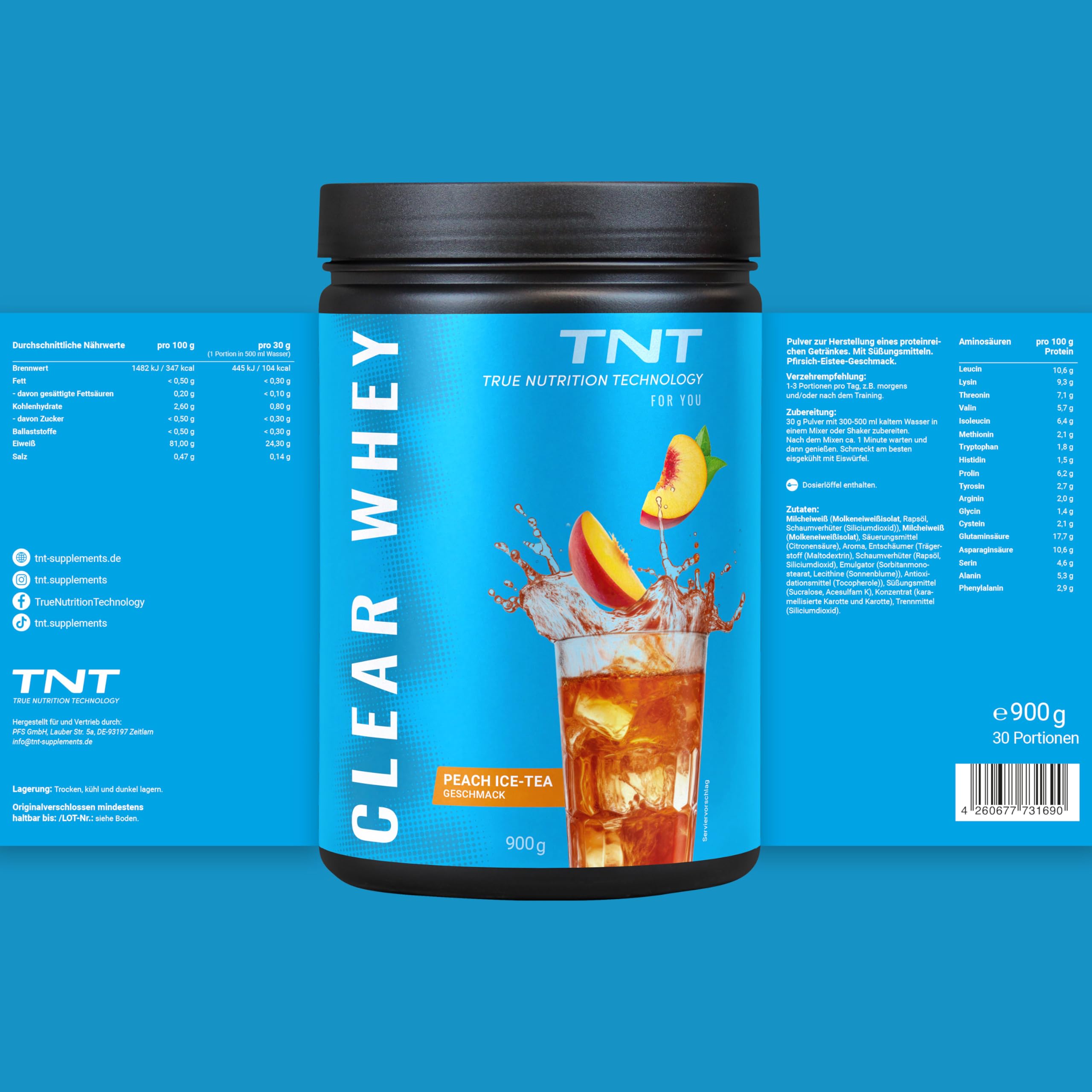 TNT Clear Whey Protein Isolate - 900g - Pfirsich Eistee | High Protein Drink - Erfrischend fruchtiger Drink - Über 80% Eiweiß - Leichter Shake - Ohne Zuckerzusatz