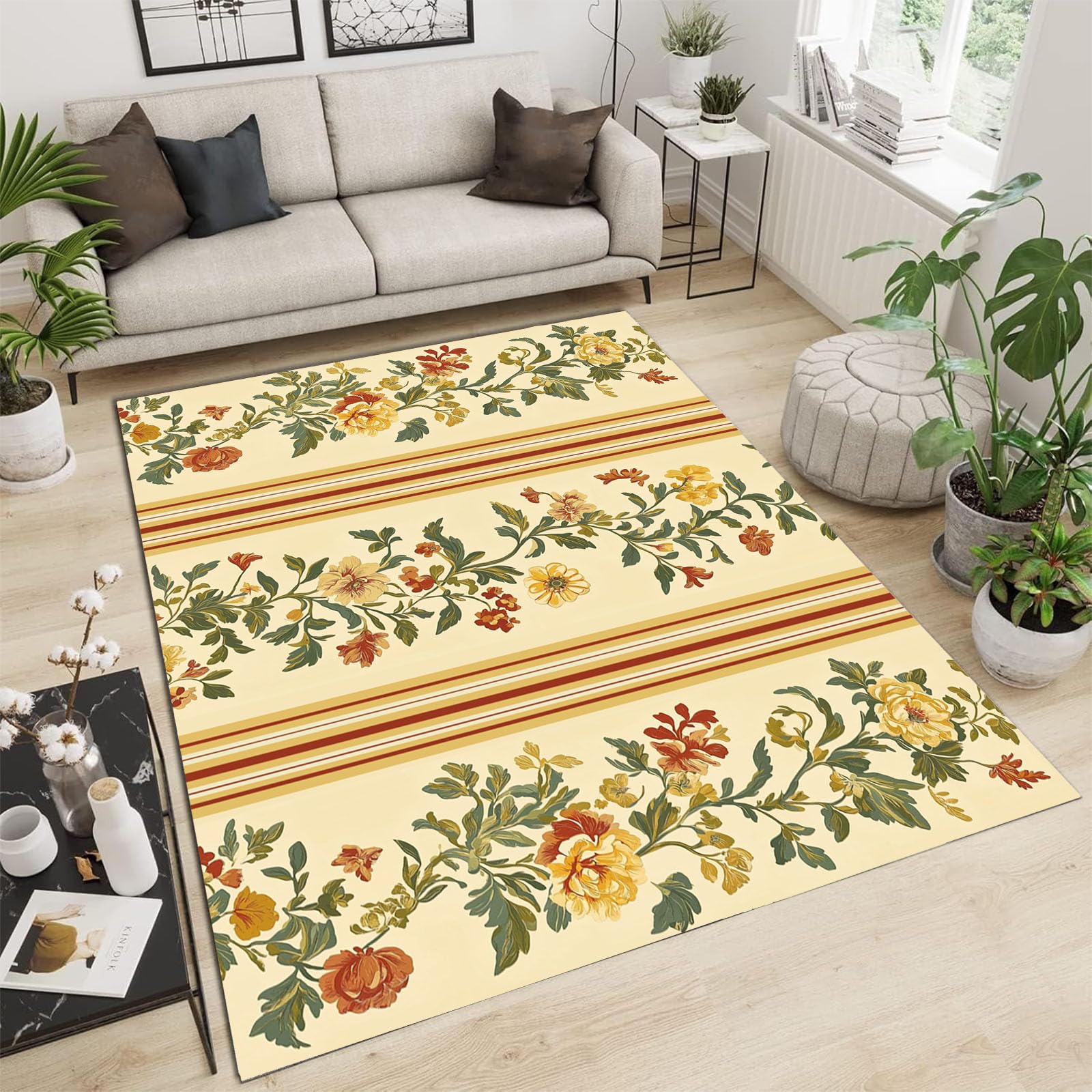 Tapis salon doré lavable 60x90cm à motif floral et végétal